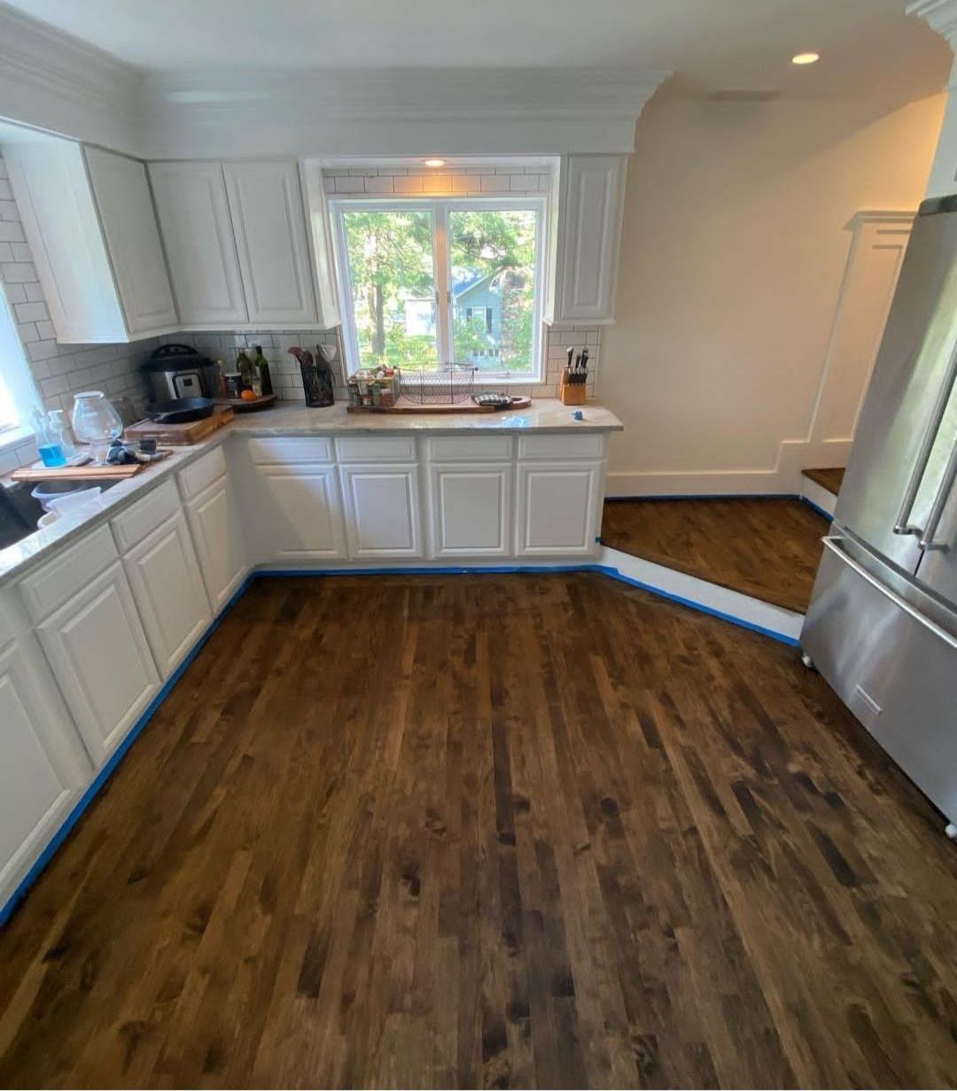 Sand & Refinish Red Oak with Duraseal Jacobean and Bona Mega Satin Finish using Bona Mega Satin by Footprints Floors Morristown