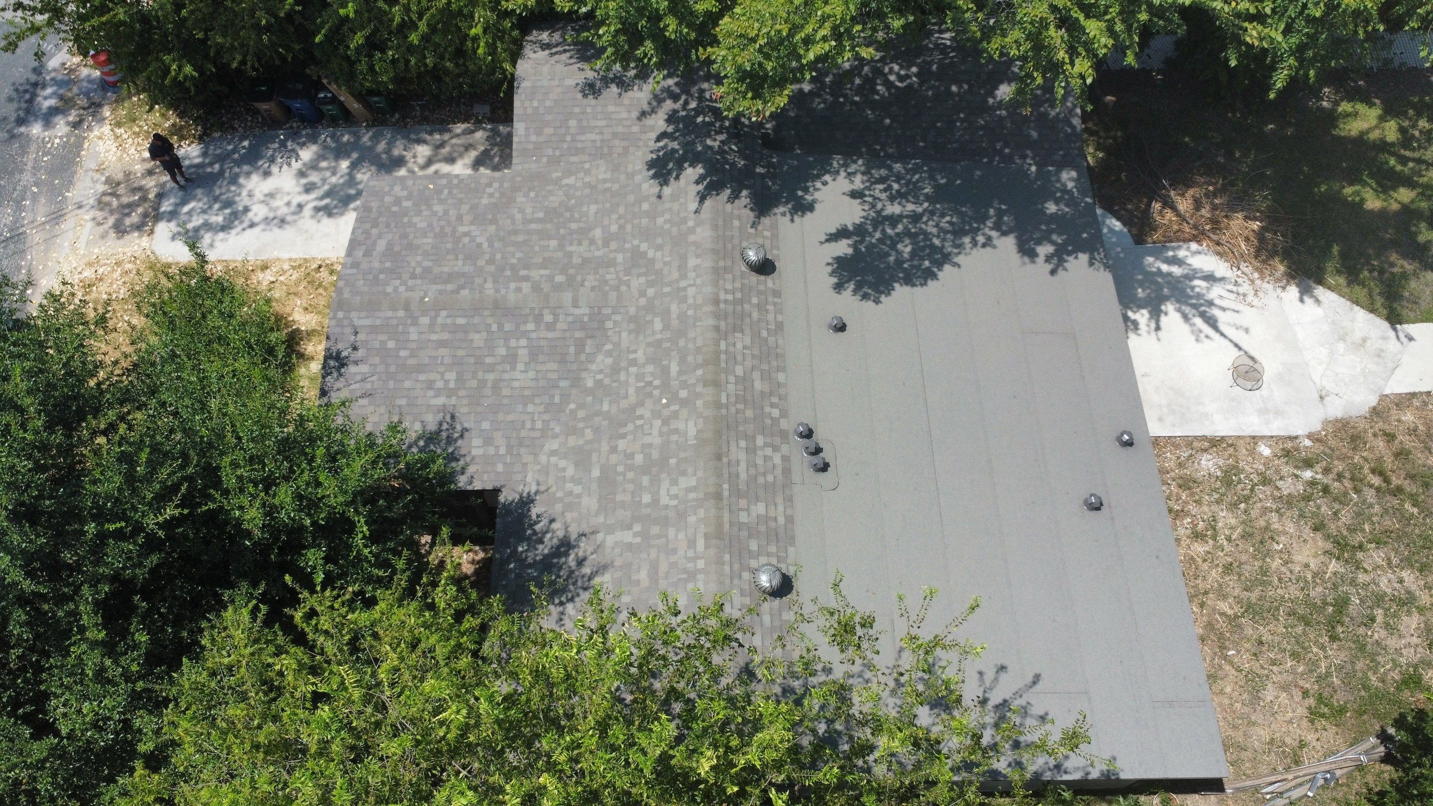 Mixed Roof System – Oakridge Driftwood + Flat Roof Section | Austin, TX by Kstylez Roofing & Construction