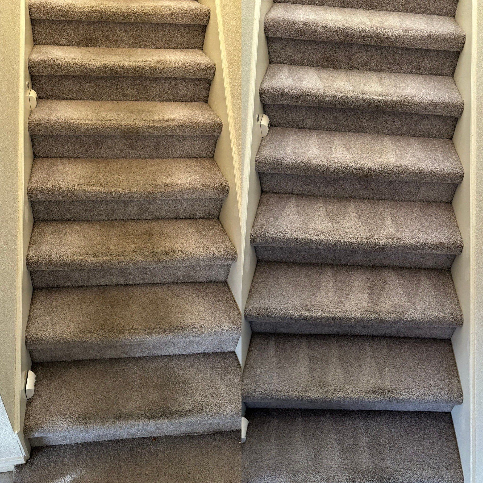 the photo shows carpet cleaning being done on stair steps with a clear before and after visible difference in cleanliness