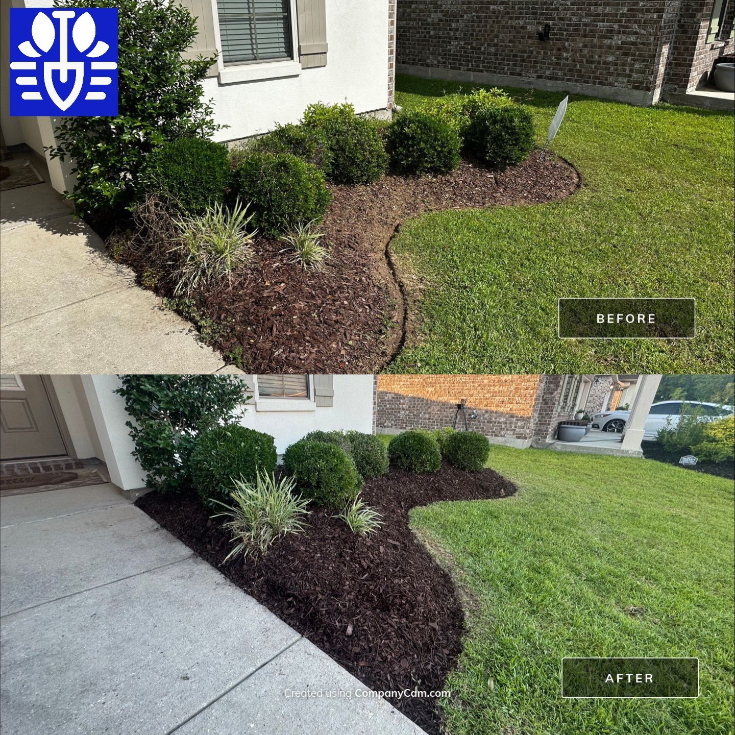 LANDSCAPE SERVICES: DEMO / BED PREP / CUT IN BED EDGES / MULCH INSTALL using BROWN MULCH "BARK BRITE" by CutScape, LLC.