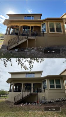 Before and after photo of a home exterior back patio repainted by Hill Country Painting in Leander, TX