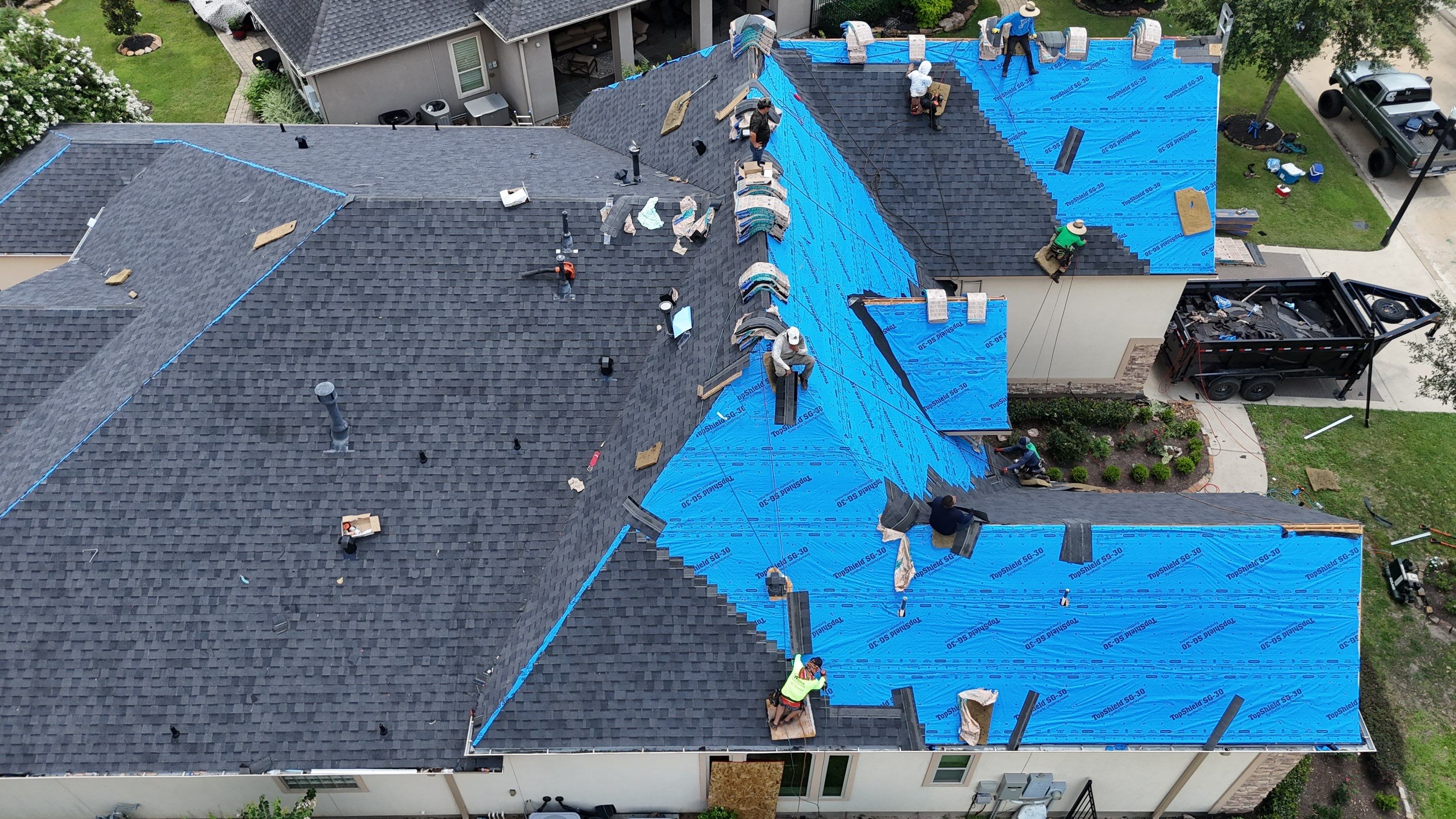 Residential Roofing Installation using Certainteed Landmark after last year's tornado in Cypress by Core Four Roofing