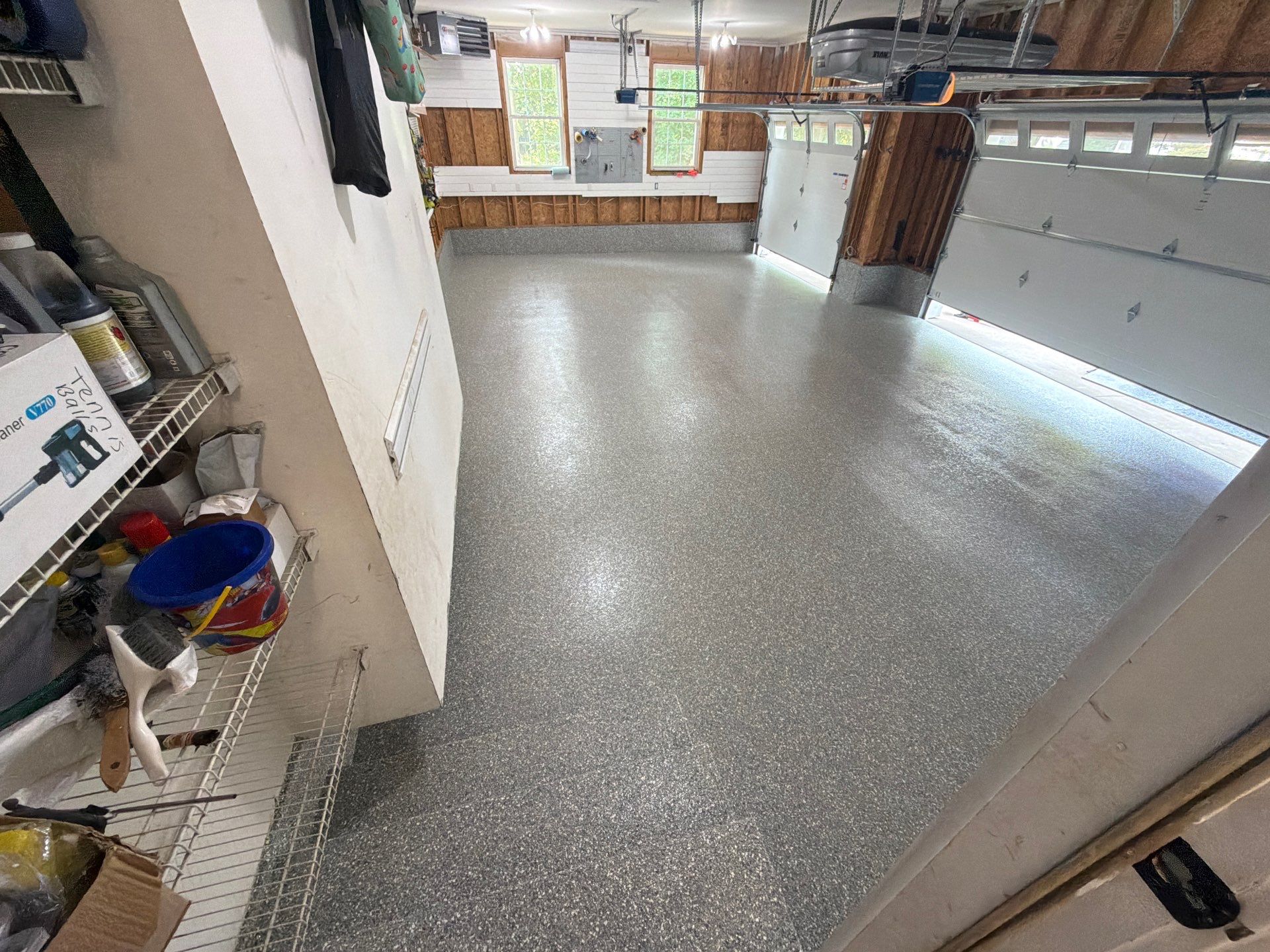Custom Grey Flake Epoxy Garage Floor and Step Coating in Norton Shores by Gordon Painting