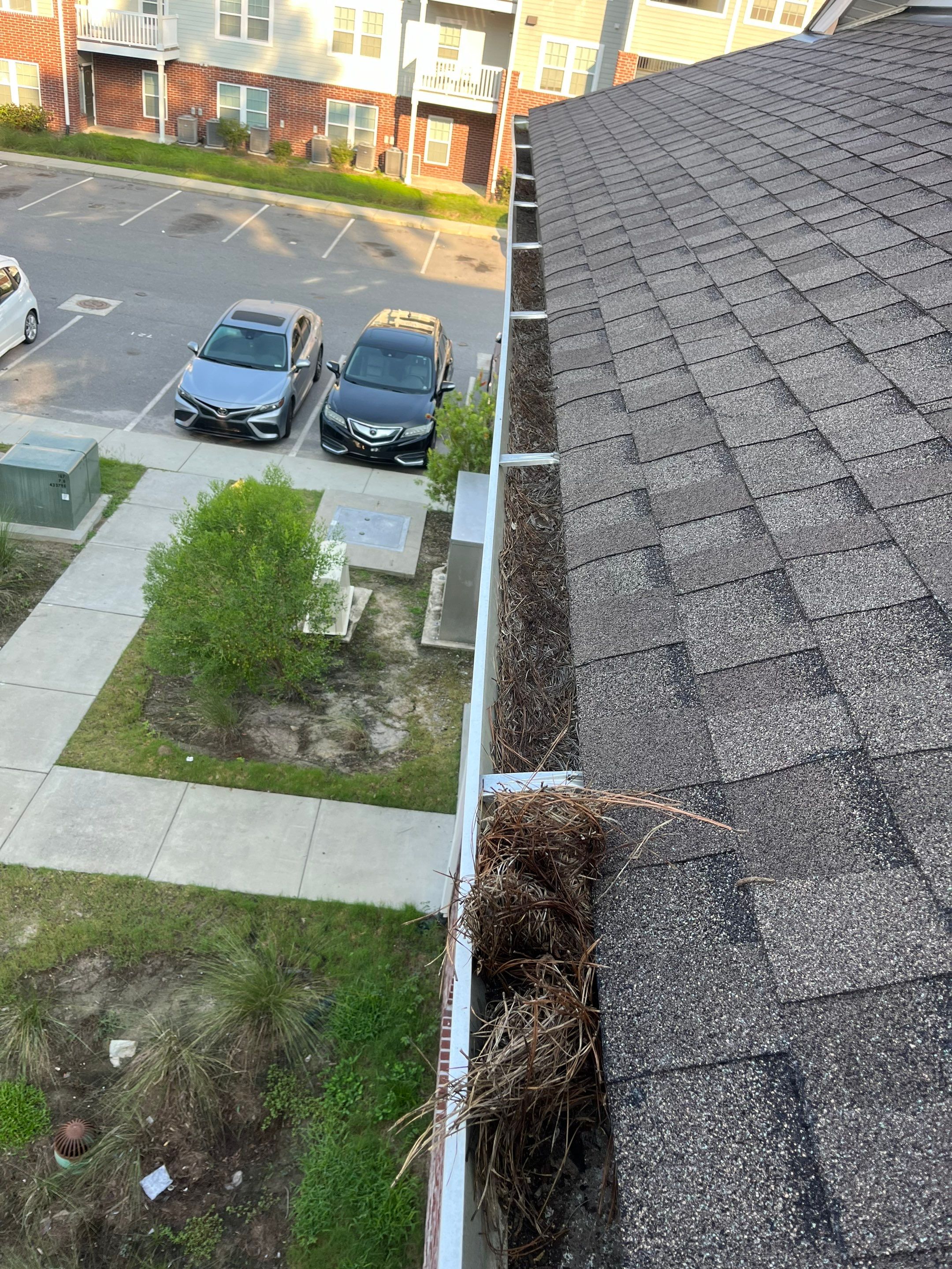 Commercial gutter cleaning Savannah, GA before photo with filled gutters