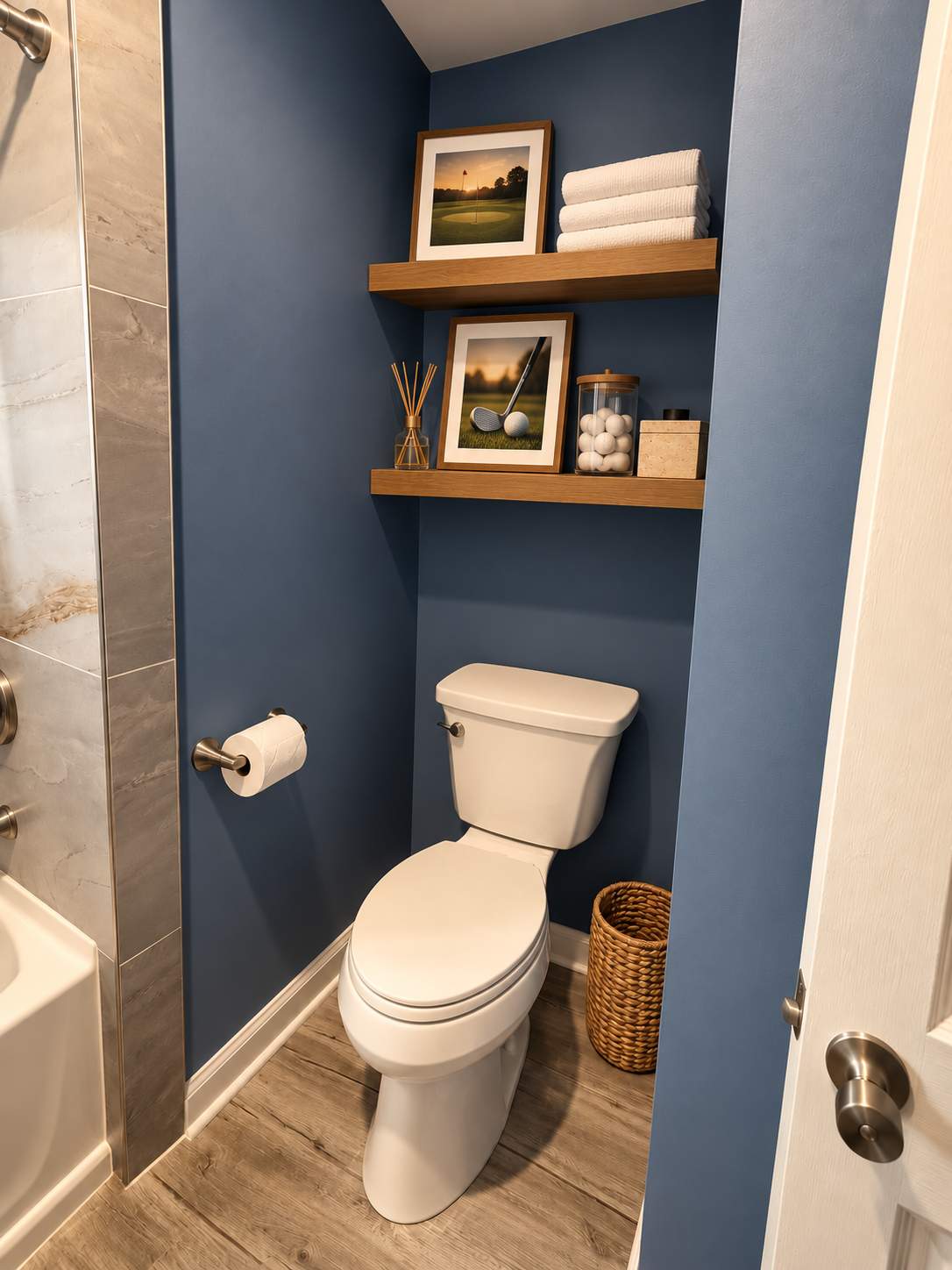 Modern Blue & Gray Bathroom Remodel with Custom Tile Surround by Remodel Now