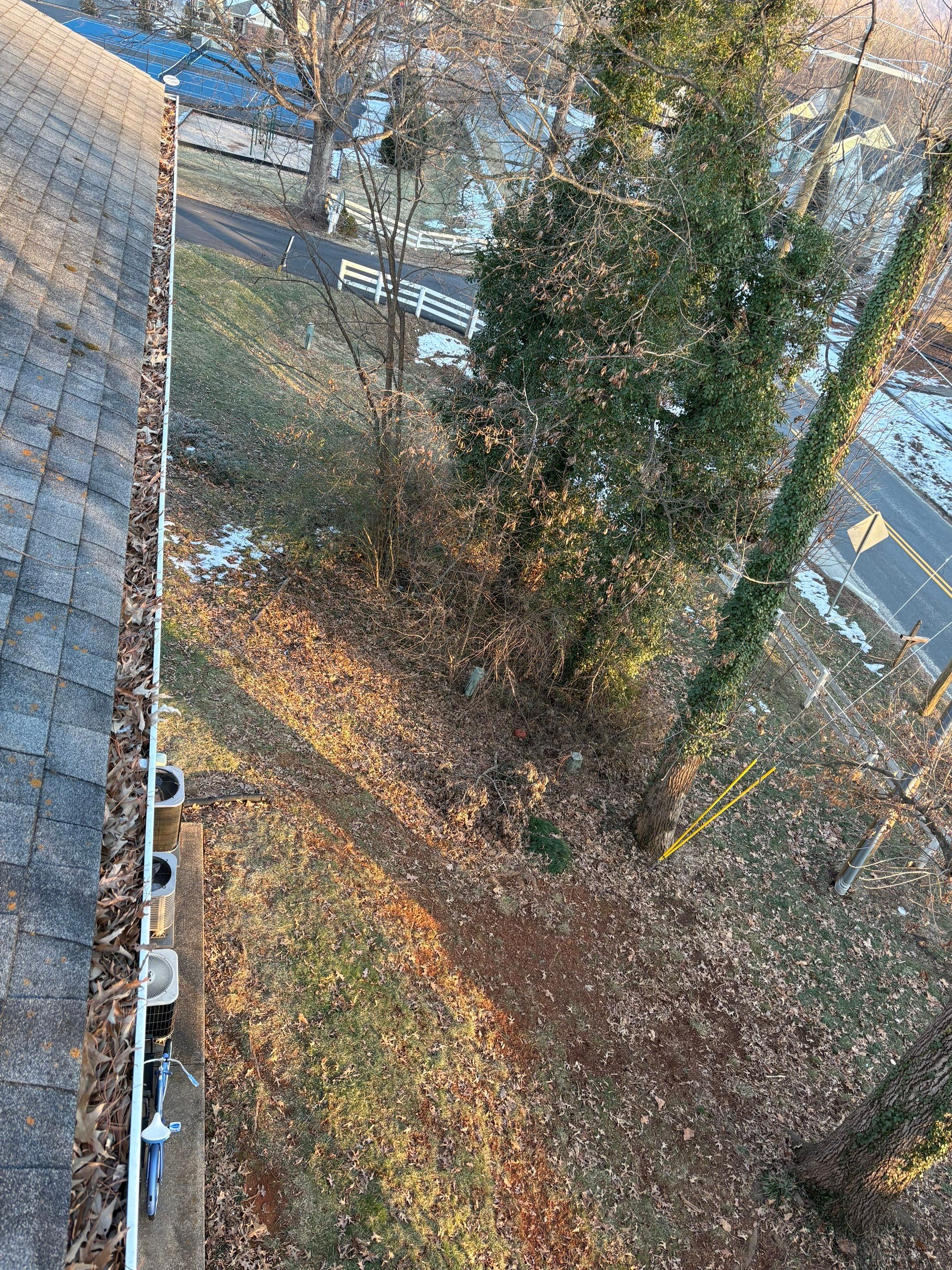 Commercial gutter cleaning Charlottesville before photo with filled gutters