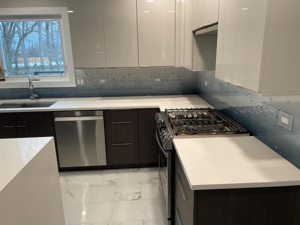 Let It Rain Kitchen Remodel using IMAGIO Solid Glass Backsplash by IMAGIO