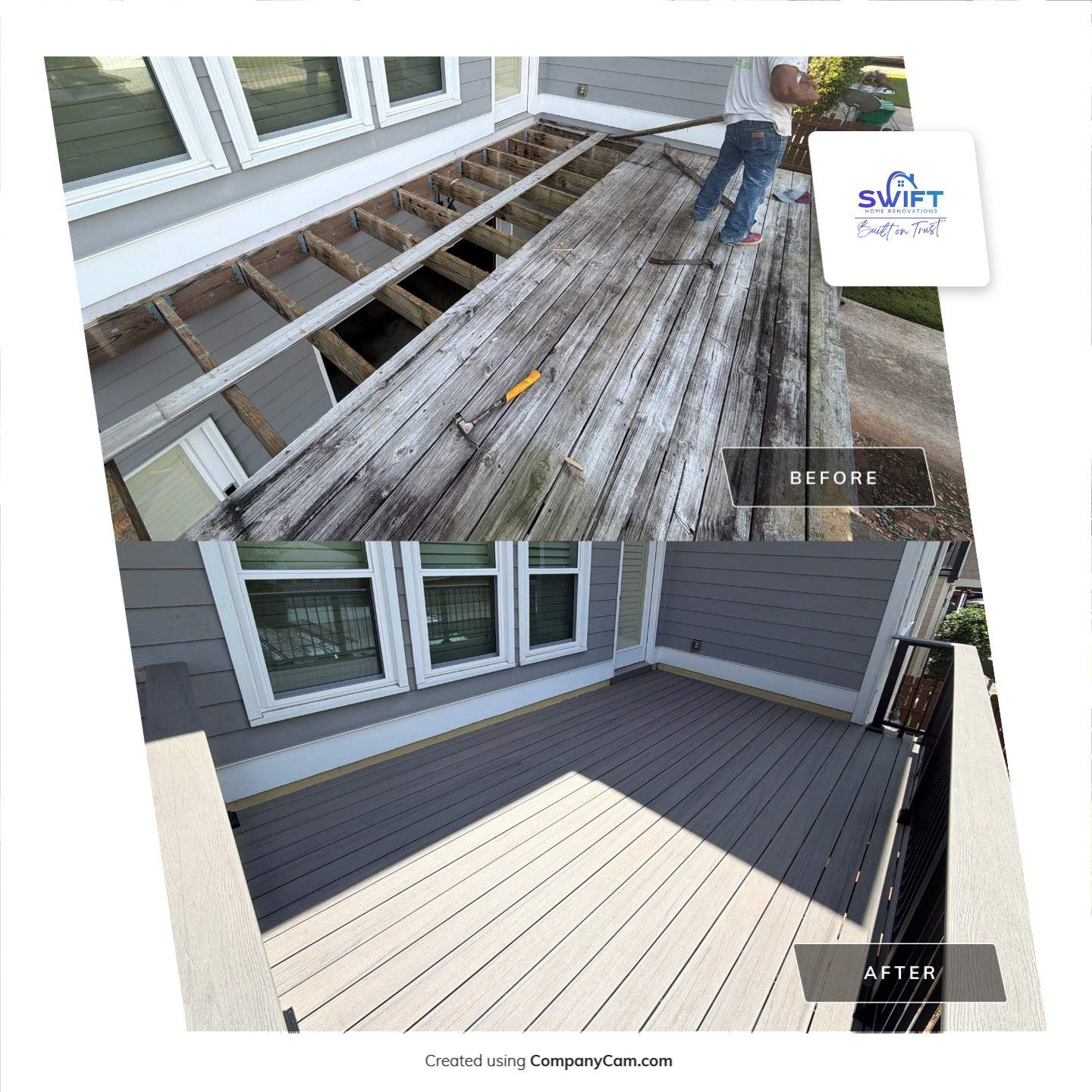 Elevated Composite Deck Replacement with Metal Railings in Smyrna by Swift Home Renovations 