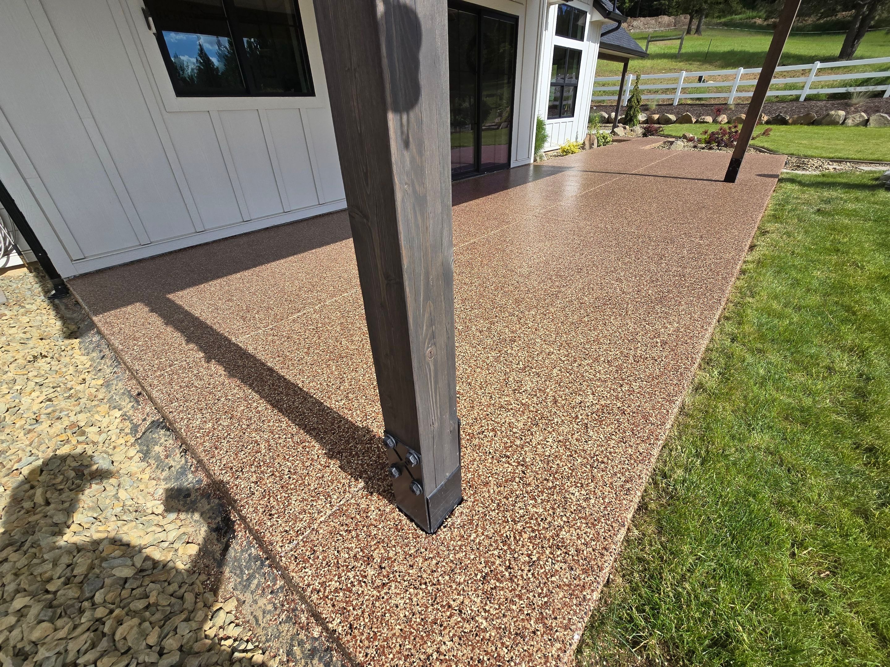 Chestnut Flake Concrete Coating for Farmhouse Patio in Harrison by Croc Coatings, LLC