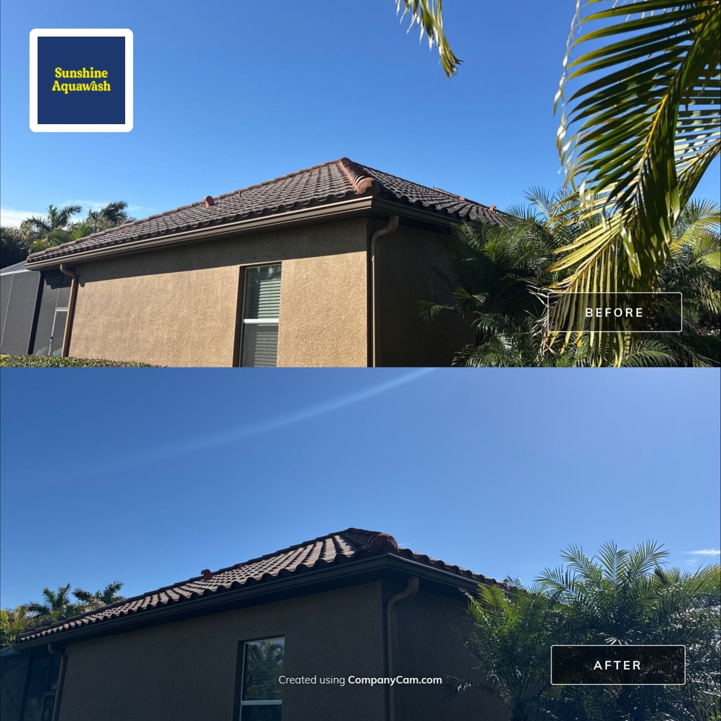 This project focused on a full gutter clean-out to restore proper water flow and prevent overflow issues.  Our scope of work included: 	•	Removing heavy leaf and pollen buildup from the gutter system 	•	Clearing out clogged sections along the rear gutters near the pool cage, where debris tends to accumulate more heavily 	•	Inspecting and cleaning the front gutter guards, which had several blocked areas restricting water flow 	•	Ensuring all downspouts and channels were flowing properly after service  Even with gutter guards installed, debris like pollen, shingle grit, and fine organic matter can still build up over time—especially in Florida’s environment. Regular maintenance helps prevent water damage, overflow, and staining on exterior surfaces.  Another thorough job completed by Sunshine AquaWash® – keeping homes protected from top to bottom. by Sunshine AquaWash