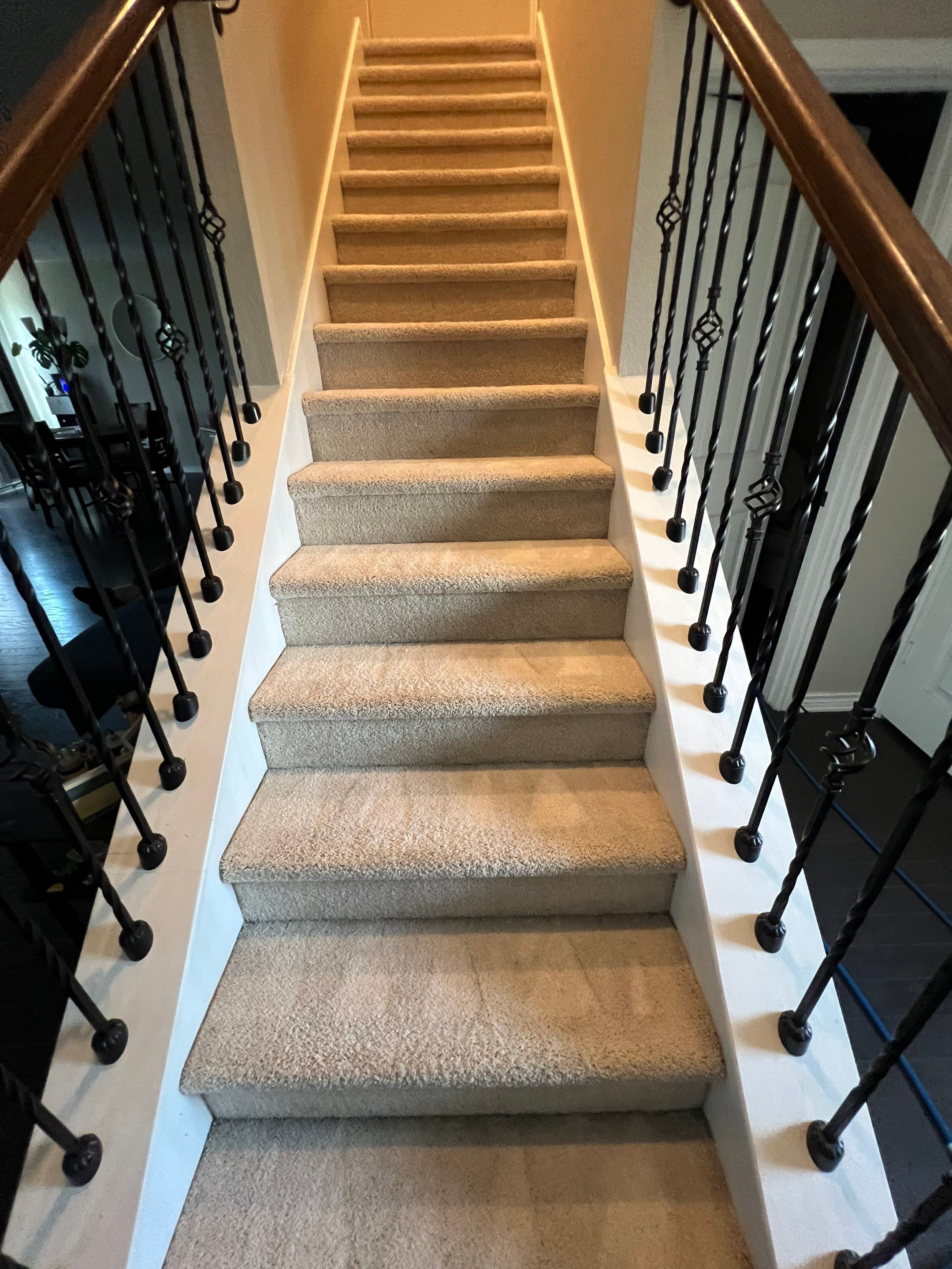 carpet cleaning service is being performed on the staircase removing dirt and stains from the carpeted steps