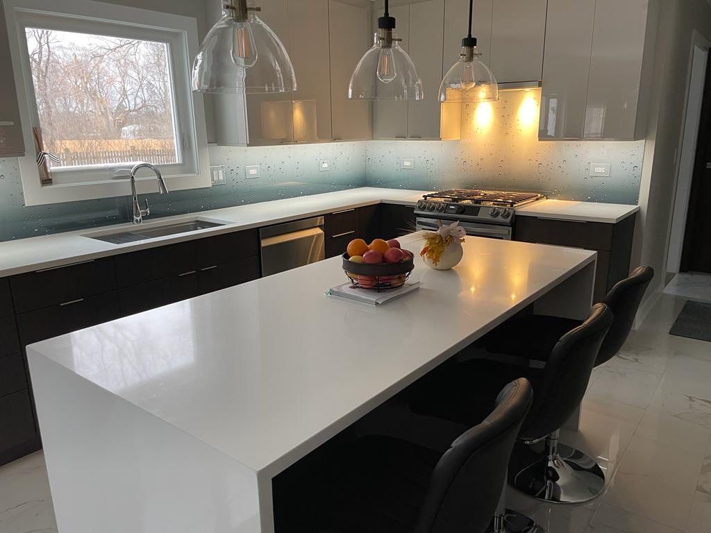 Let It Rain Kitchen Remodel using IMAGIO Solid Glass Backsplash by IMAGIO
