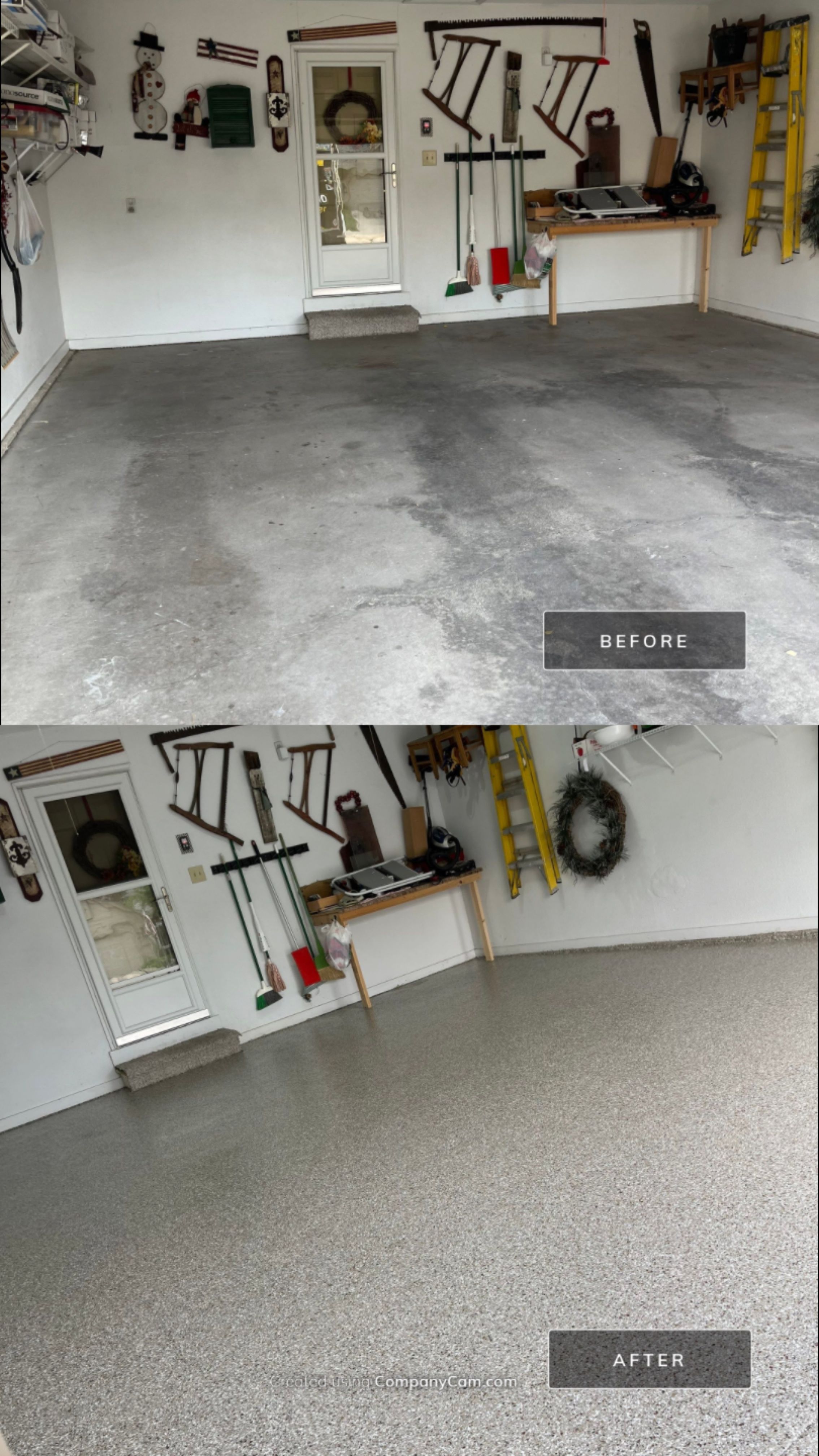 West Des Moines Garage and Patio Floor Coating using Pebble Beach Flakes by Revival Concrete Coatings