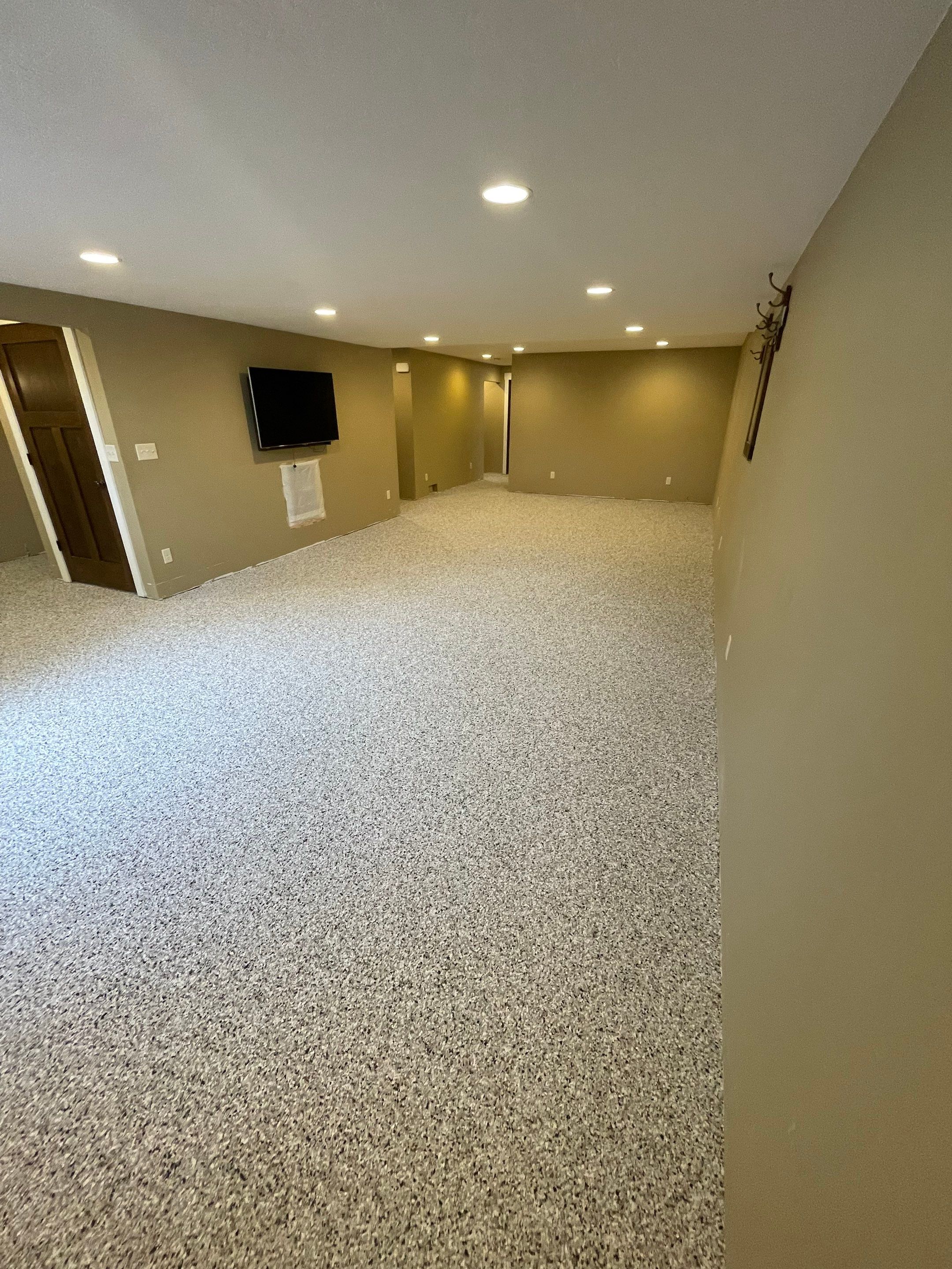Decorative Flake Concrete Floor Coating for Larchwood Basement by Select Painting, Coatings & Garage Cabinets