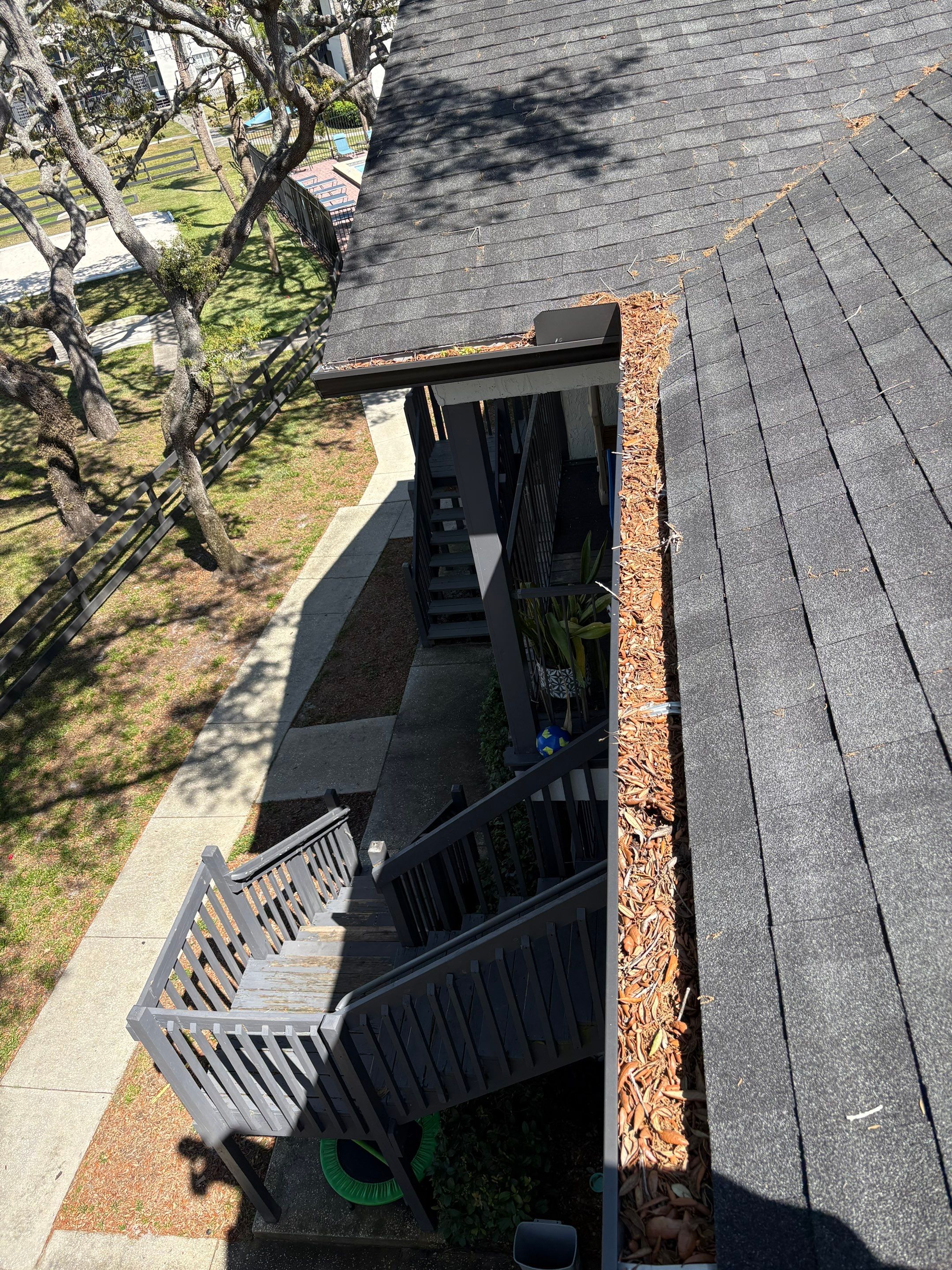 New Port Richey gutter cleaning job all gutters filles with leaf at residential location