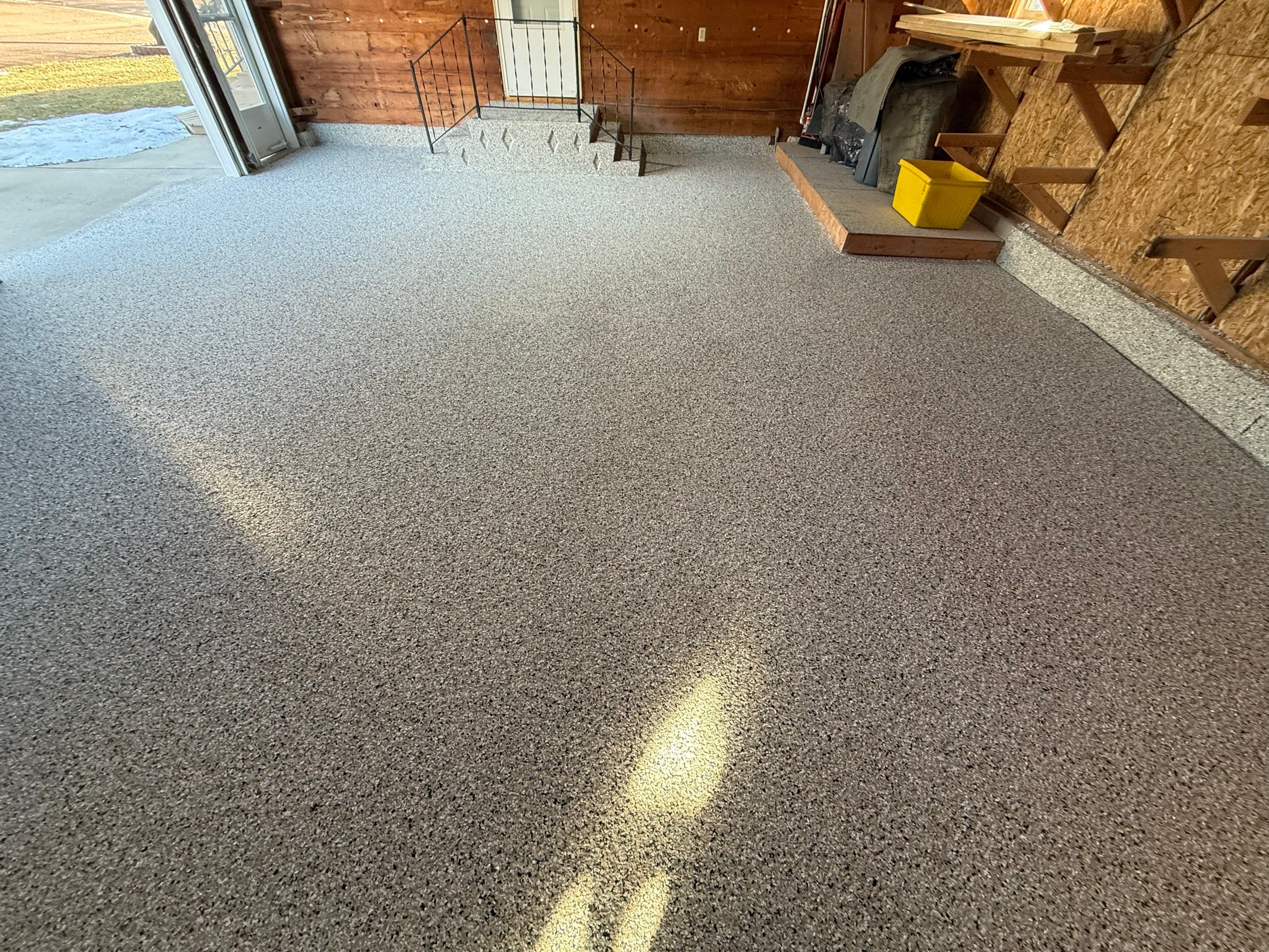 Multi-Colored Epoxy Garage Floor Coating and Concrete Stair Restoration by Select Painting, Coatings & Garage Cabinets