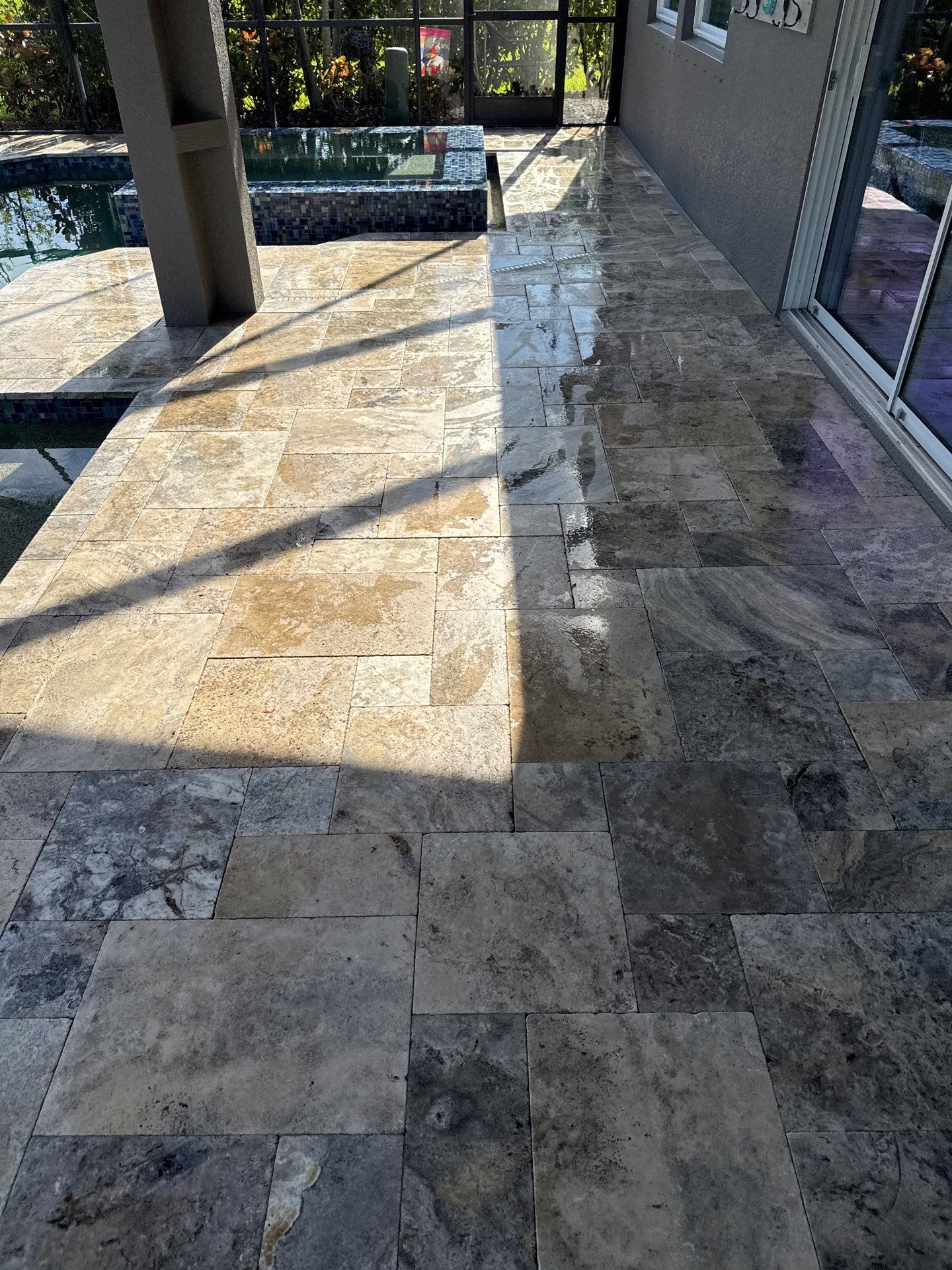 Travertine Pool Deck and Screen Enclosure Cleaning in Ellenton, FL | Oakleaf Hammock Community by Sunshine AquaWash