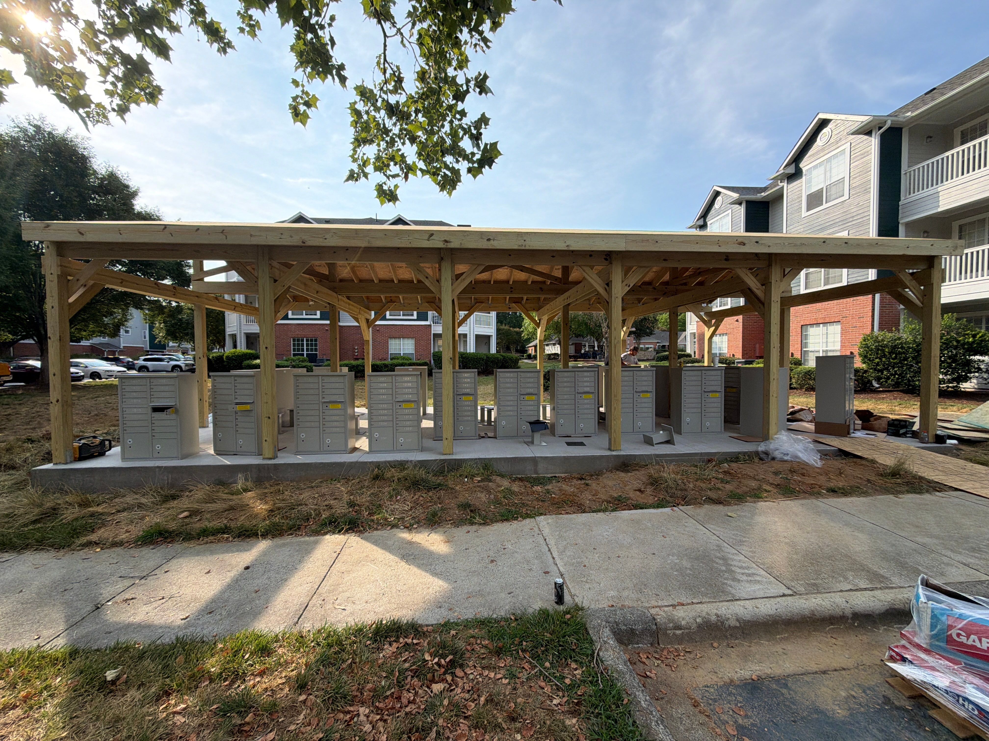 Custom Timber Frame Pavilion for Cluster Mailbox Units in Raleigh by Billy Weatherspoon Contractor