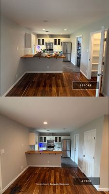 Before and after photo of a kitchen and dining area repainted by Hill Country Painting in Austin, TX