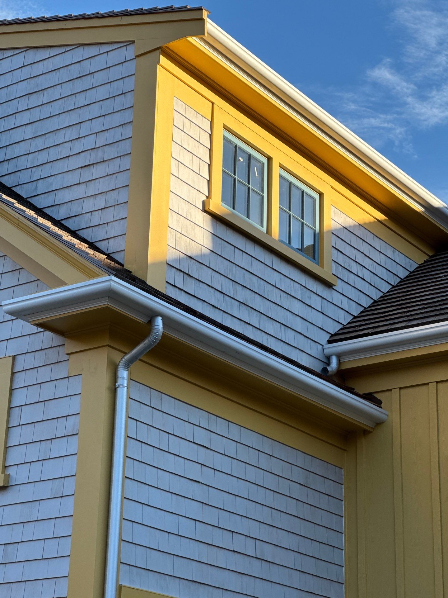 4x6 Fiberglass Gutter Installed with Round Smooth Galvalume Downspouts in Duxbury, MA by Gutter Pro Enterprises