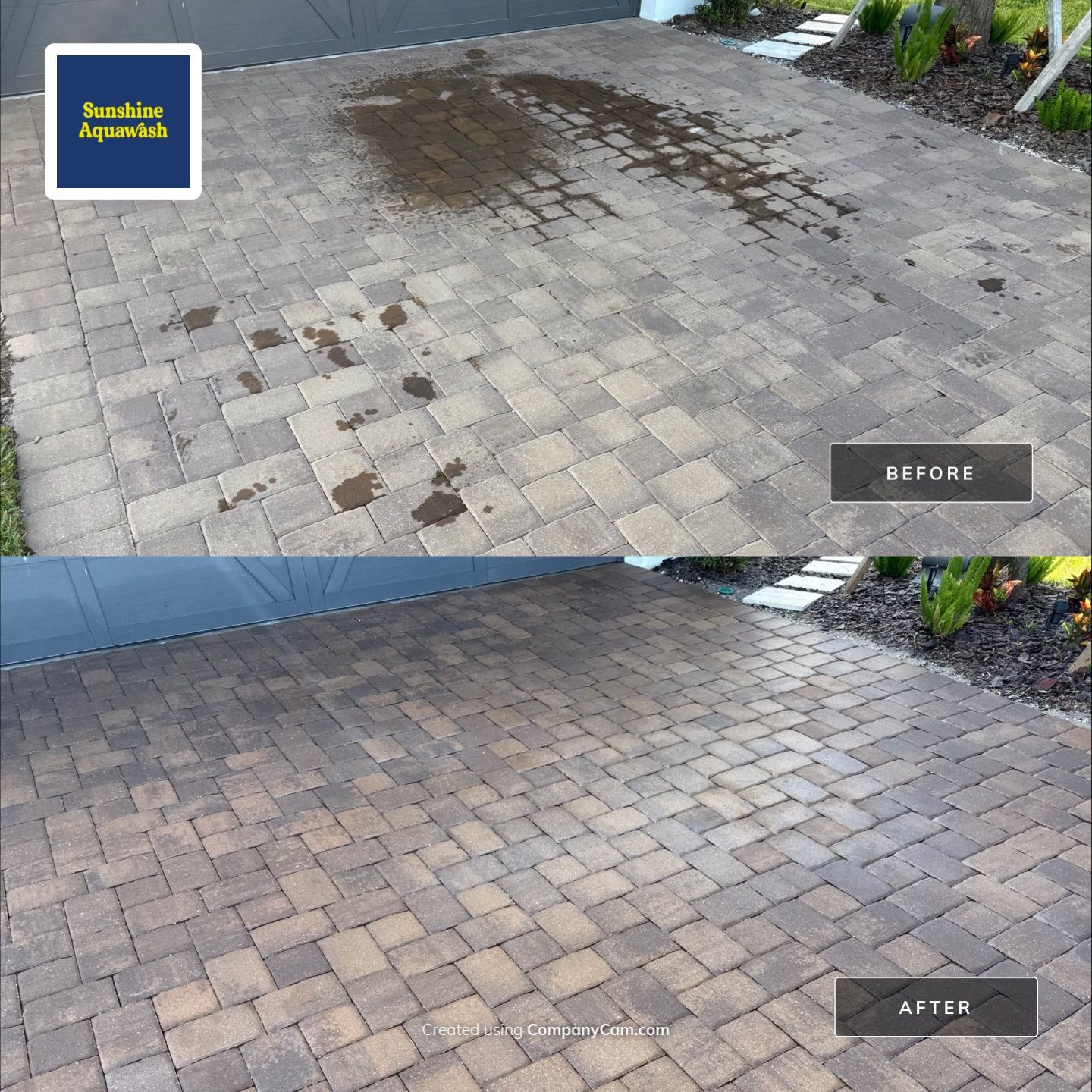 Oil Stain Removal on Paver Driveway | Esplanade at Artisan Lakes, Palmetto FL by Sunshine AquaWash
