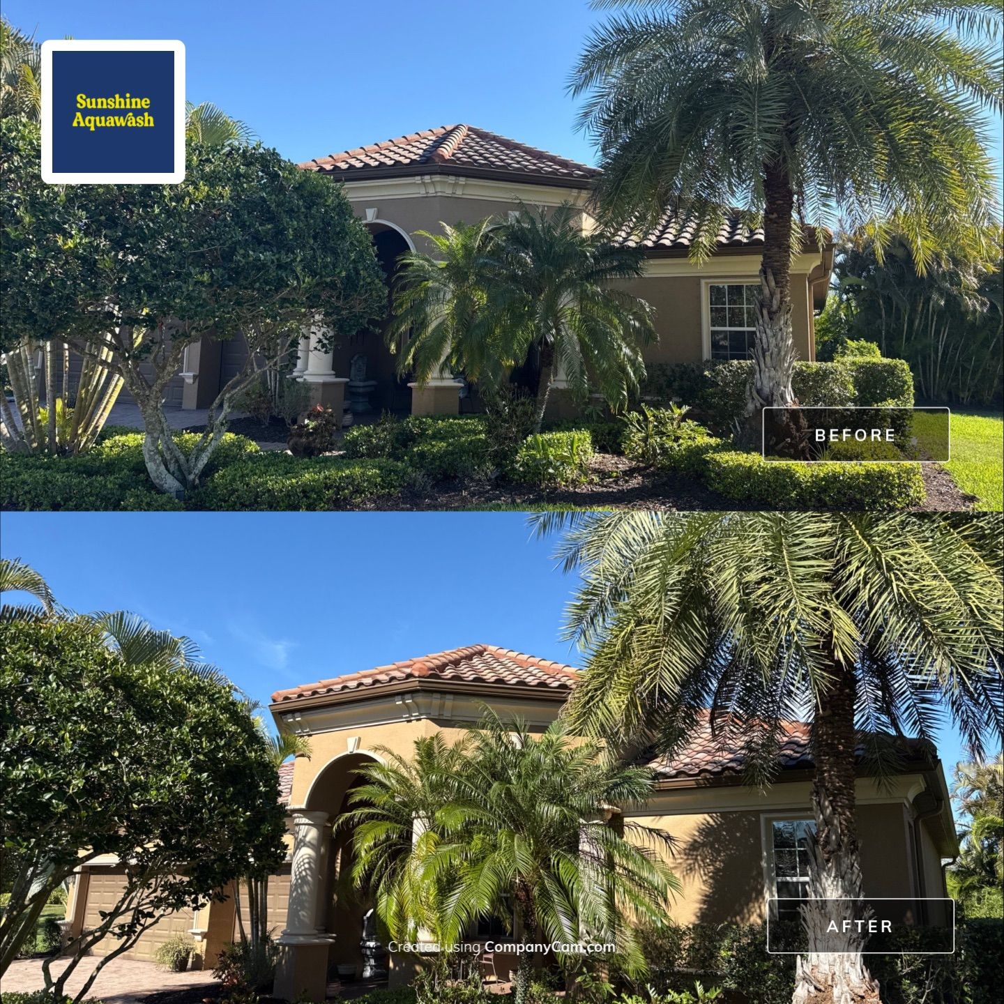 This project focused on a full gutter clean-out to restore proper water flow and prevent overflow issues.  Our scope of work included: 	•	Removing heavy leaf and pollen buildup from the gutter system 	•	Clearing out clogged sections along the rear gutters near the pool cage, where debris tends to accumulate more heavily 	•	Inspecting and cleaning the front gutter guards, which had several blocked areas restricting water flow 	•	Ensuring all downspouts and channels were flowing properly after service  Even with gutter guards installed, debris like pollen, shingle grit, and fine organic matter can still build up over time—especially in Florida’s environment. Regular maintenance helps prevent water damage, overflow, and staining on exterior surfaces.  Another thorough job completed by Sunshine AquaWash® – keeping homes protected from top to bottom. by Sunshine AquaWash