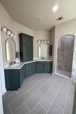 Garden Ridge Master Bathroom Remodel with Custom Walk-In Shower & Warm Green Vanity