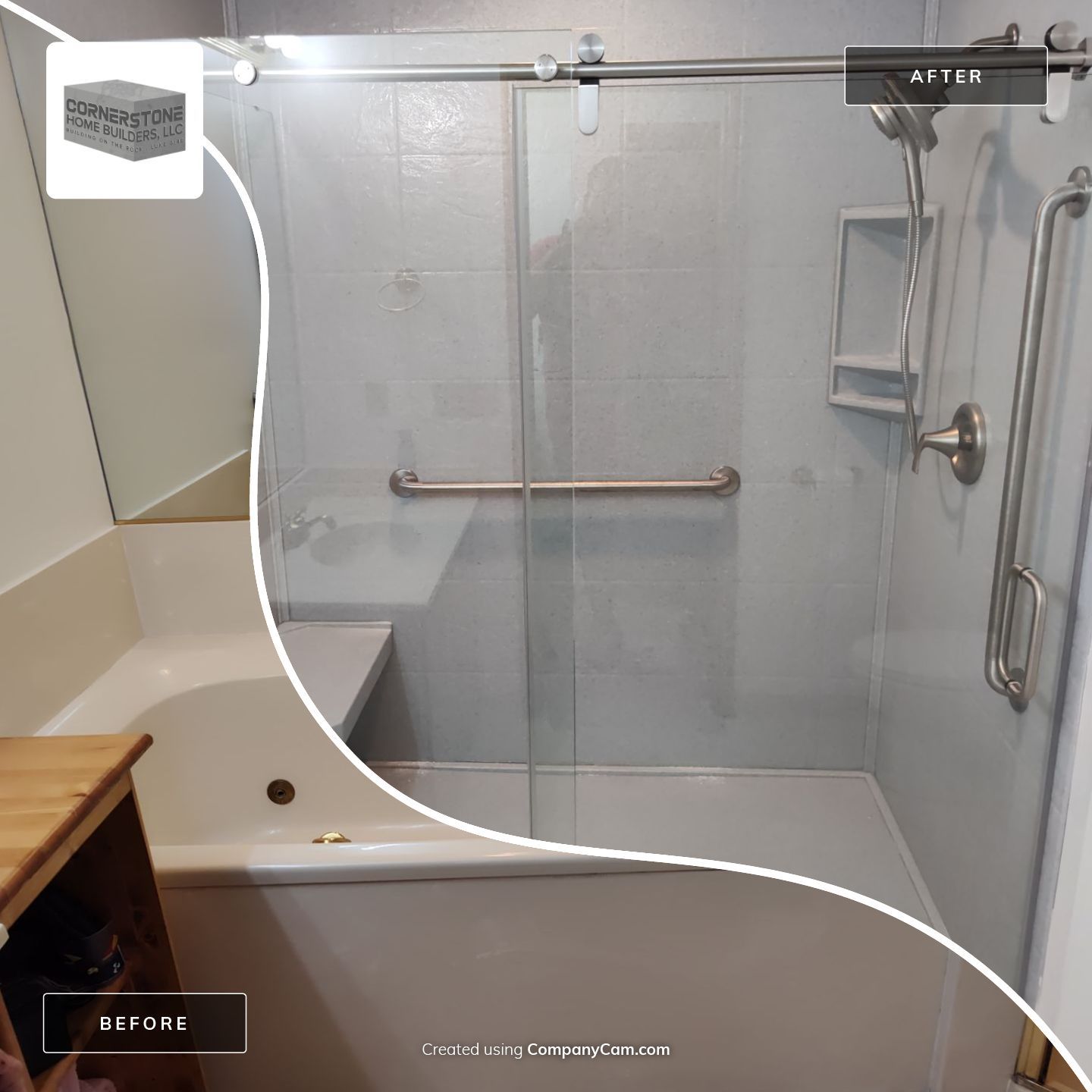 Bathroom Remodel using Onyx base and shower walls with seat & caddie by Cornerstone Home Builders, LLC