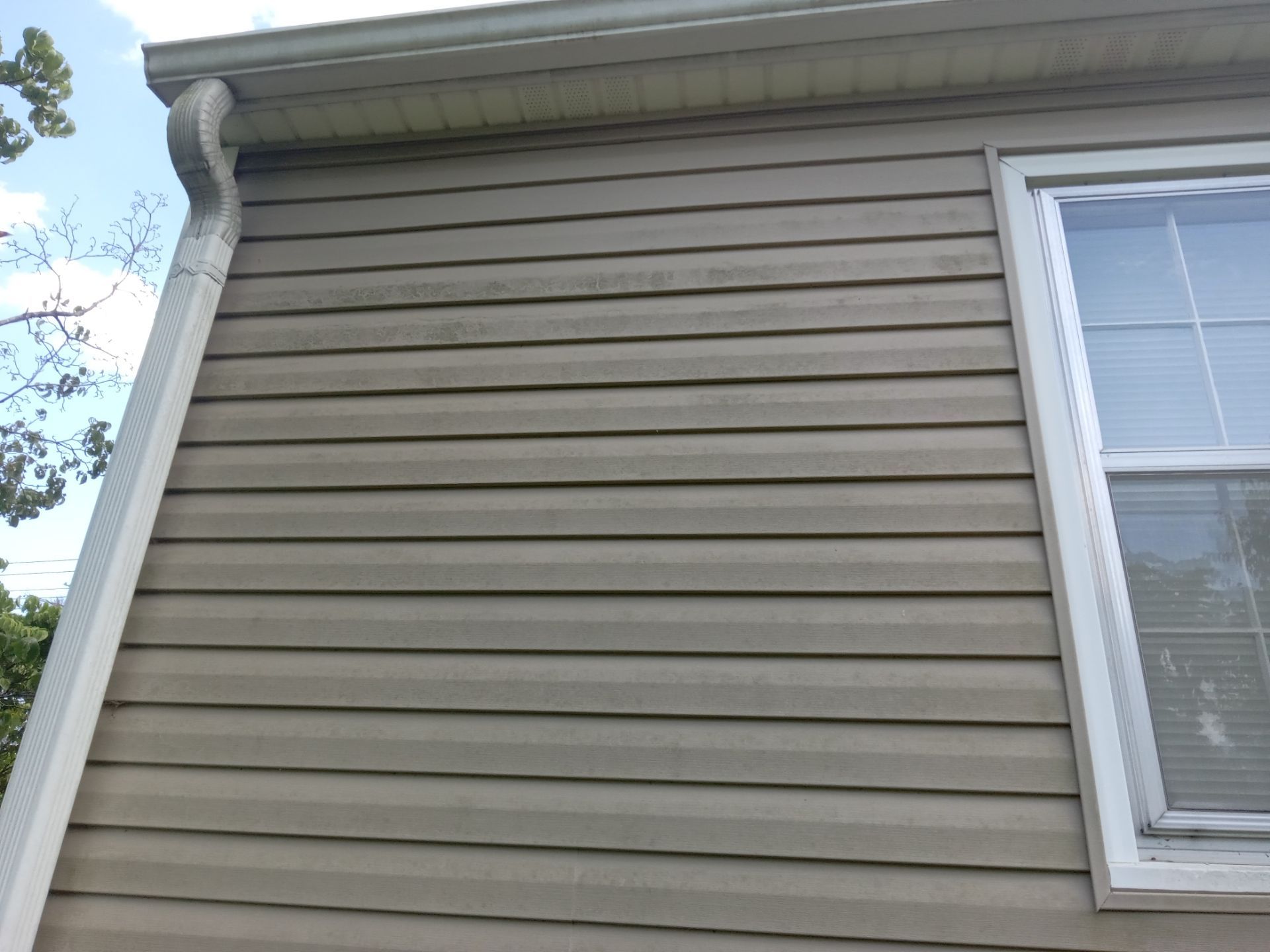 the service being performed in the photo is pressure washing for the exterior siding of a house the image shows a section of the siding with visible streaks that indicate a before and after effect where one part is cleaner showing the effectiveness of the cleaning process the side of the house appears to be vinyl siding which is a common material cleaned using pressure or power washing techniques this method helps to remove dirt grime mold and other types of buildup that can accumulate on the exterior of a home over time ensuring the property looks well-maintained and prolonging the life of the siding