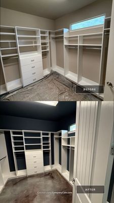Before and after photo of a walk-in closet repainted navy blue by Hill Country Painting in Driftwood, TX
