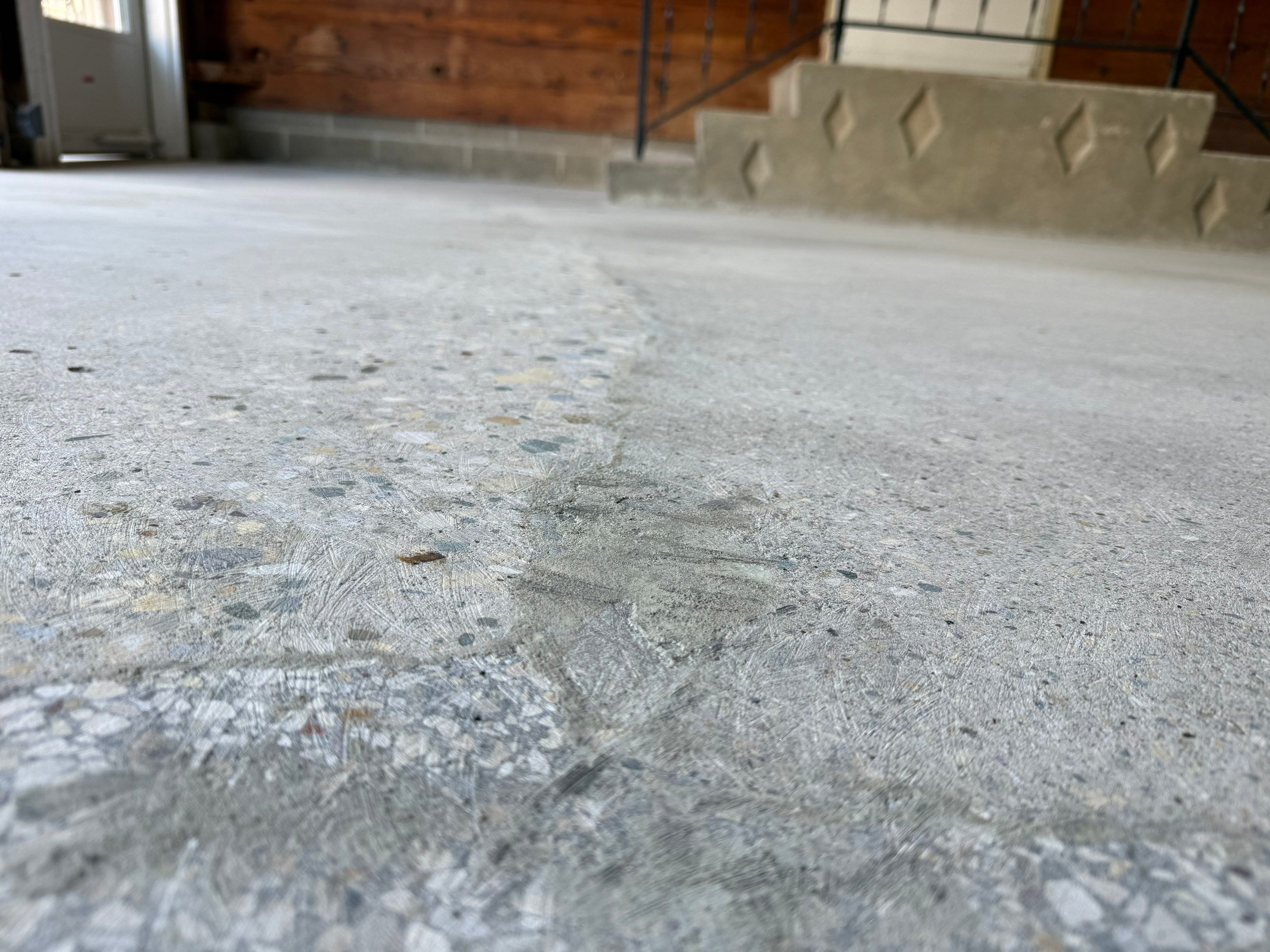 Multi-Colored Epoxy Garage Floor Coating and Concrete Stair Restoration by Select Painting, Coatings & Garage Cabinets