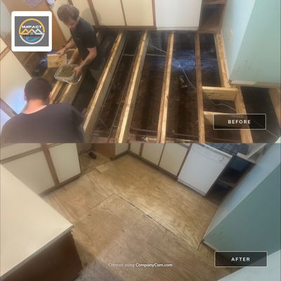 Structural Repairs (Sub-Flooring Removal, New Floor Joists and new Subfloor installed). We also installed new R19 insulation and new 12Mil moisture barrier.