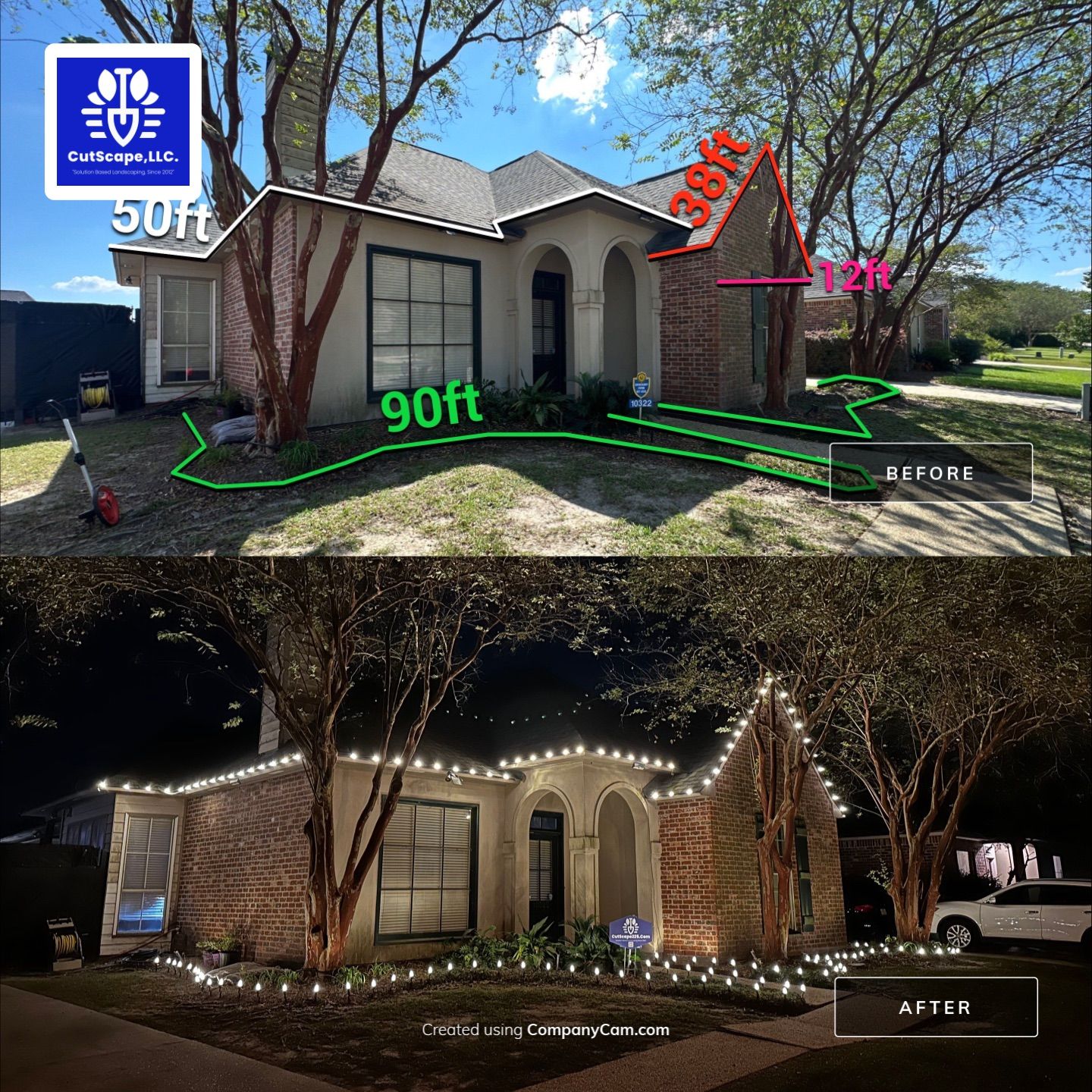 HOLIDAY LIGHTING using ROOFLINE PERIMETER LIGHTING: HALLOWEEN THEME WITH ORANGE AND PURPLE BULBS by CutScape, LLC.