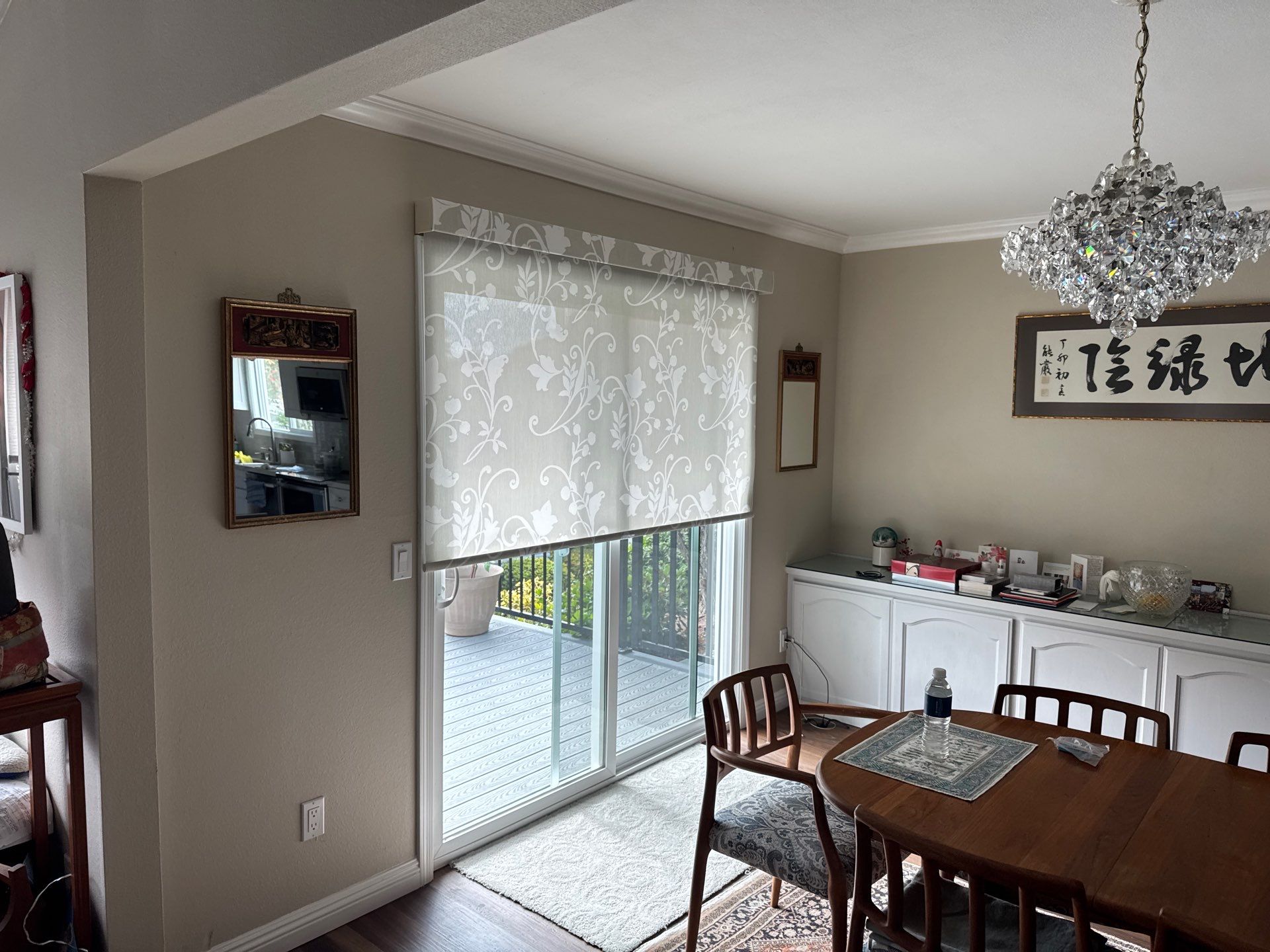 Custom Roller Shade and Floral Pattern Window Covering Installation in Solana Beach by Q Blinds