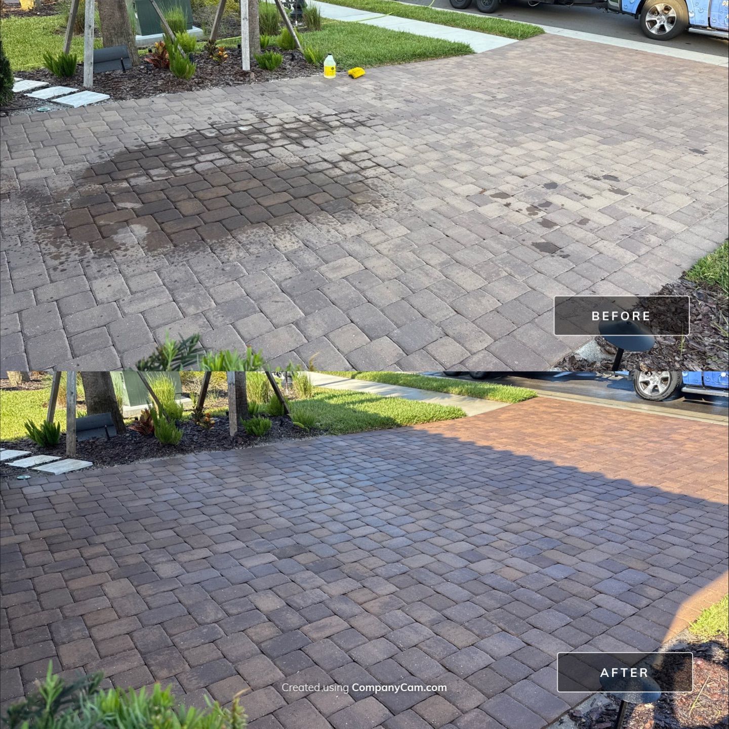 Oil Stain Removal on Paver Driveway | Esplanade at Artisan Lakes, Palmetto FL by Sunshine AquaWash
