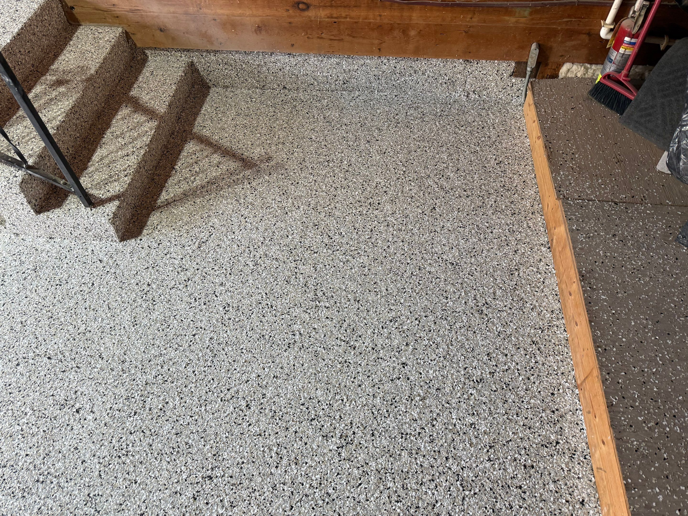 Multi-Colored Epoxy Garage Floor Coating and Concrete Stair Restoration by Select Painting, Coatings & Garage Cabinets