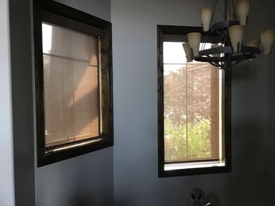 Motorized, Hunter Douglas Designer Screen Shades Above Stairs in Omaha Home
