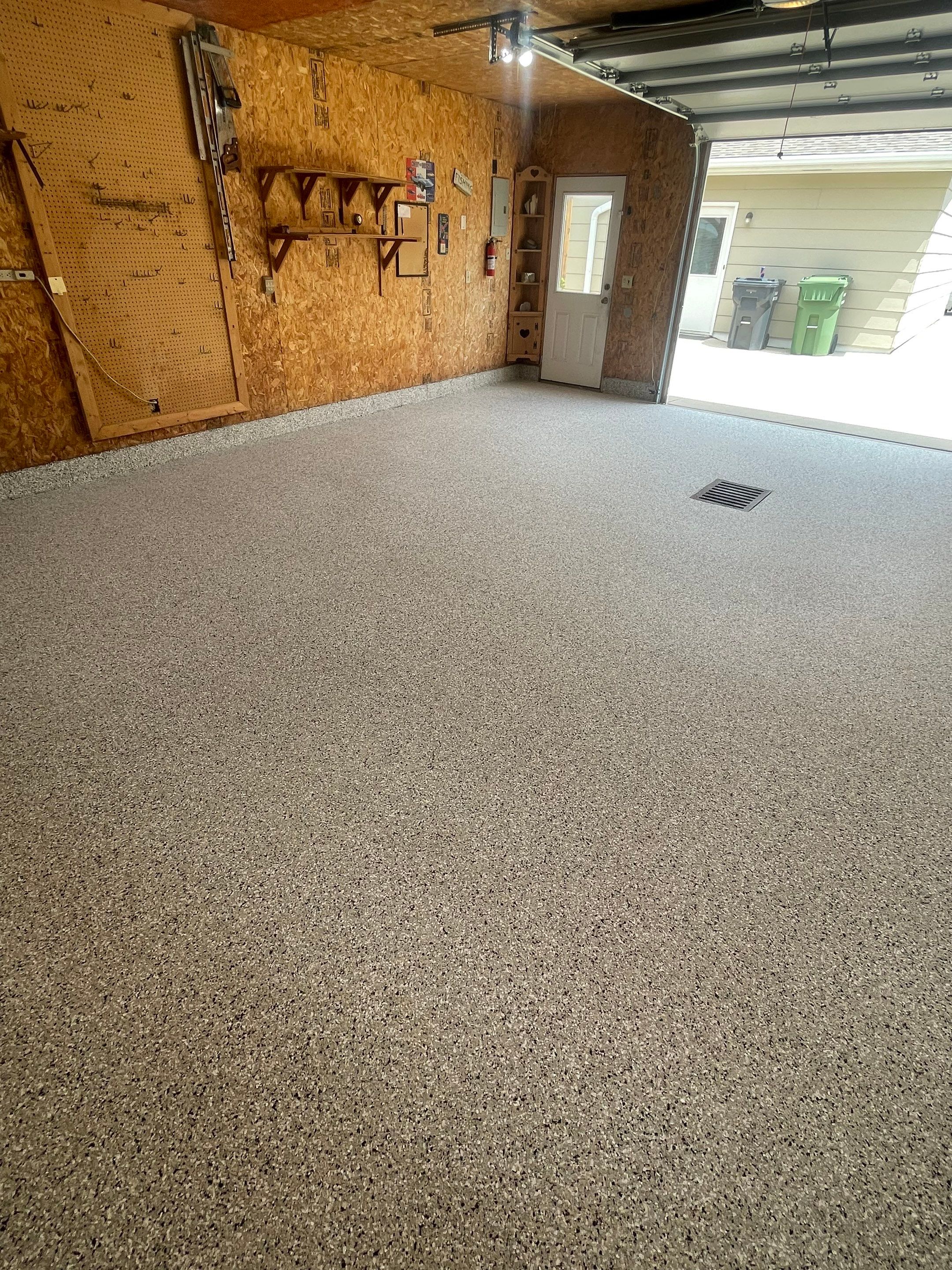 Speckled Epoxy Flake Concrete Coating for Worthington Garage Floor by Select Painting, Coatings & Garage Cabinets