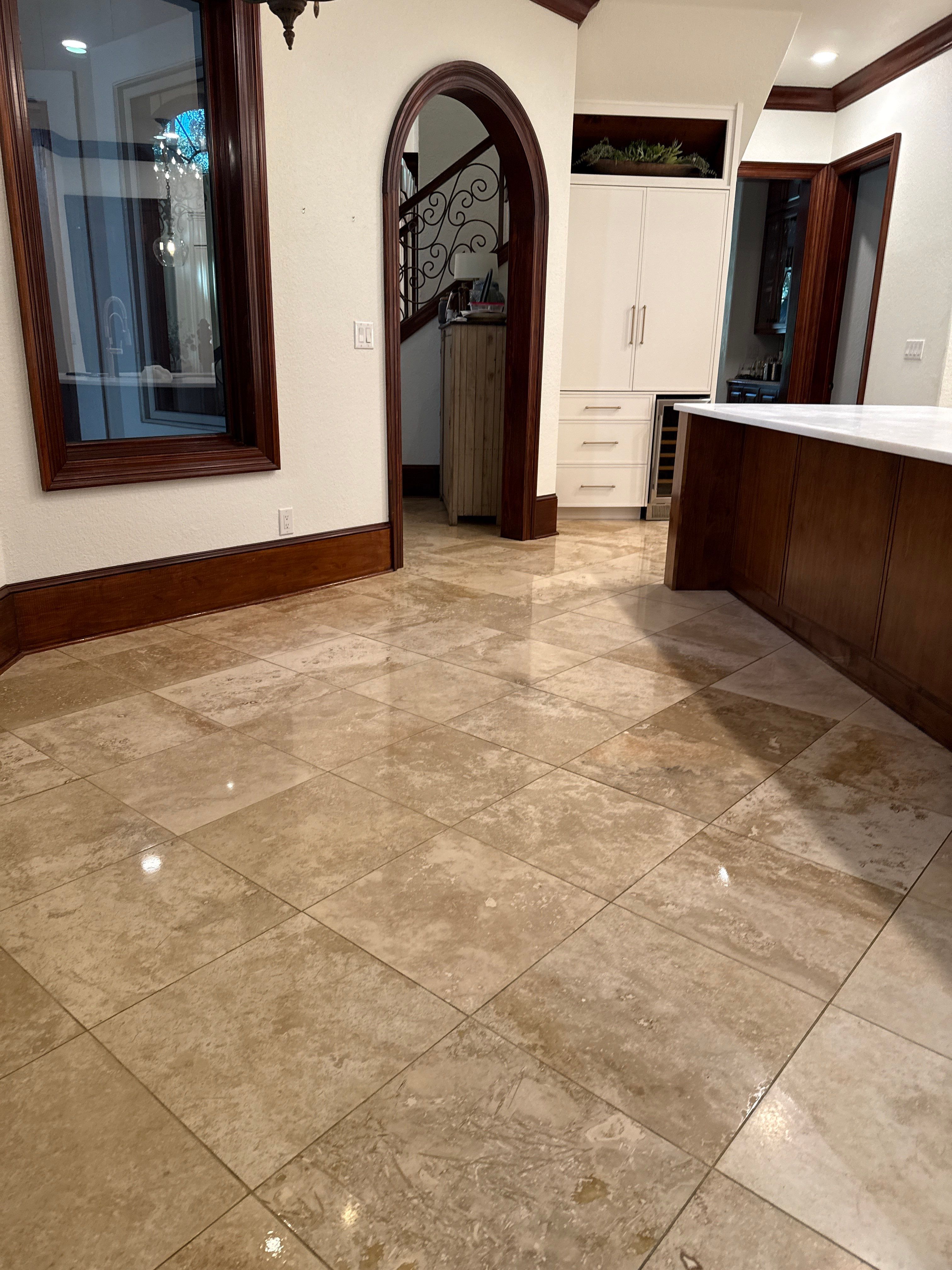 Polished Travertine Floor Restoration for Gulf Shores Residence by Cornerstone Hard Surface Restoration