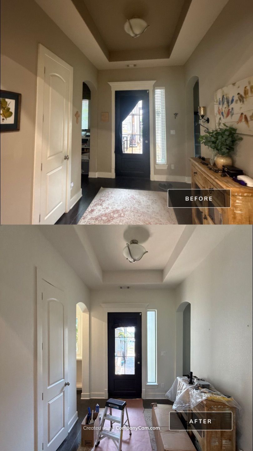Before and after photo of an entry way repainted by Hill Country Painting in Liberty Hill, TX