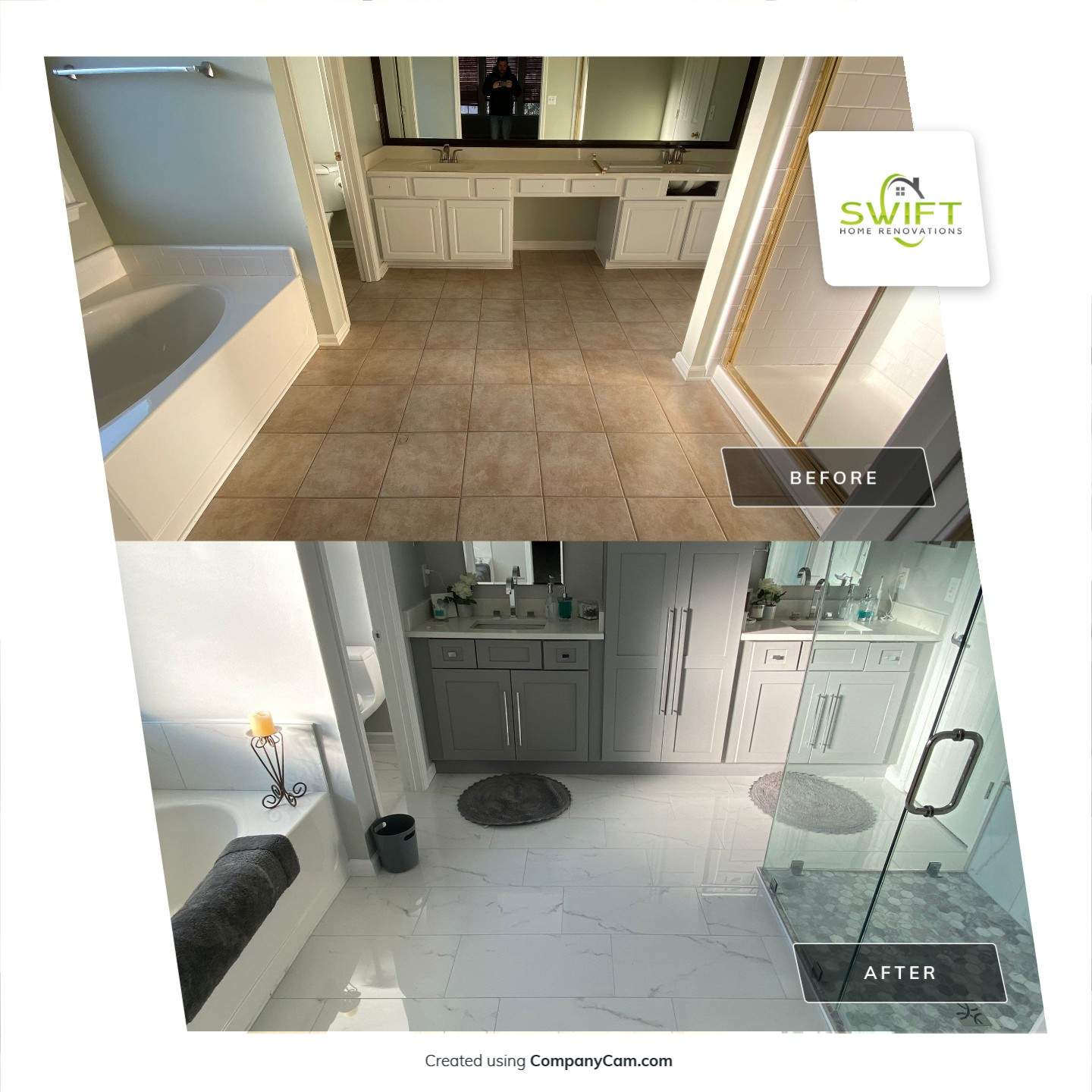 Master Bathroom Renovation Featuring Marble-Look Tile and Frameless Glass by Swift Home Renovations
