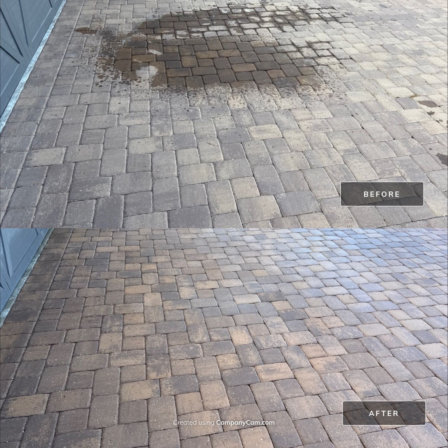 Oil Stain Removal on Paver Driveway | Esplanade at Artisan Lakes, Palmetto FL by Sunshine AquaWash