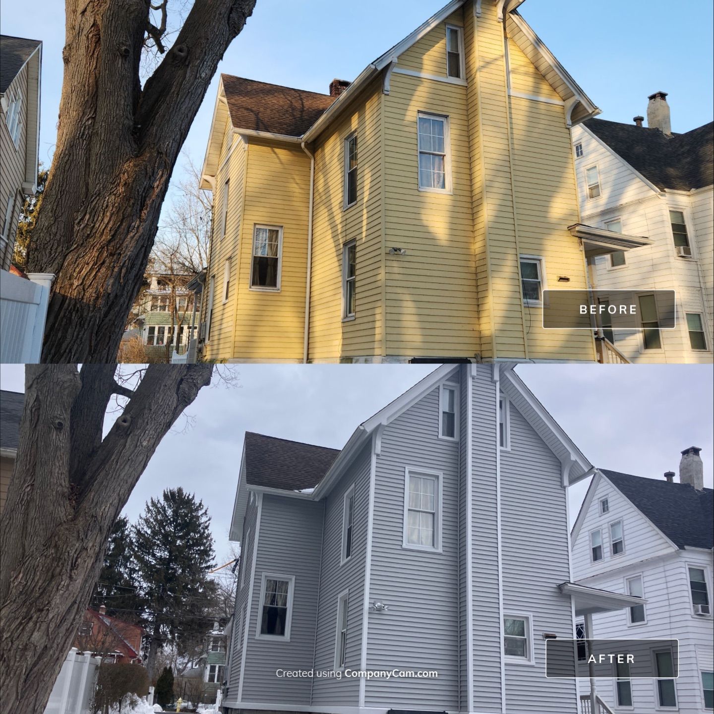 Siding & Stone Transformation with Cert. Monogram D/4 x 12'6" clapboard, Sterling Gray & Stone Facade, Glacier Bay by DiGiorgi Roofing and Siding Inc