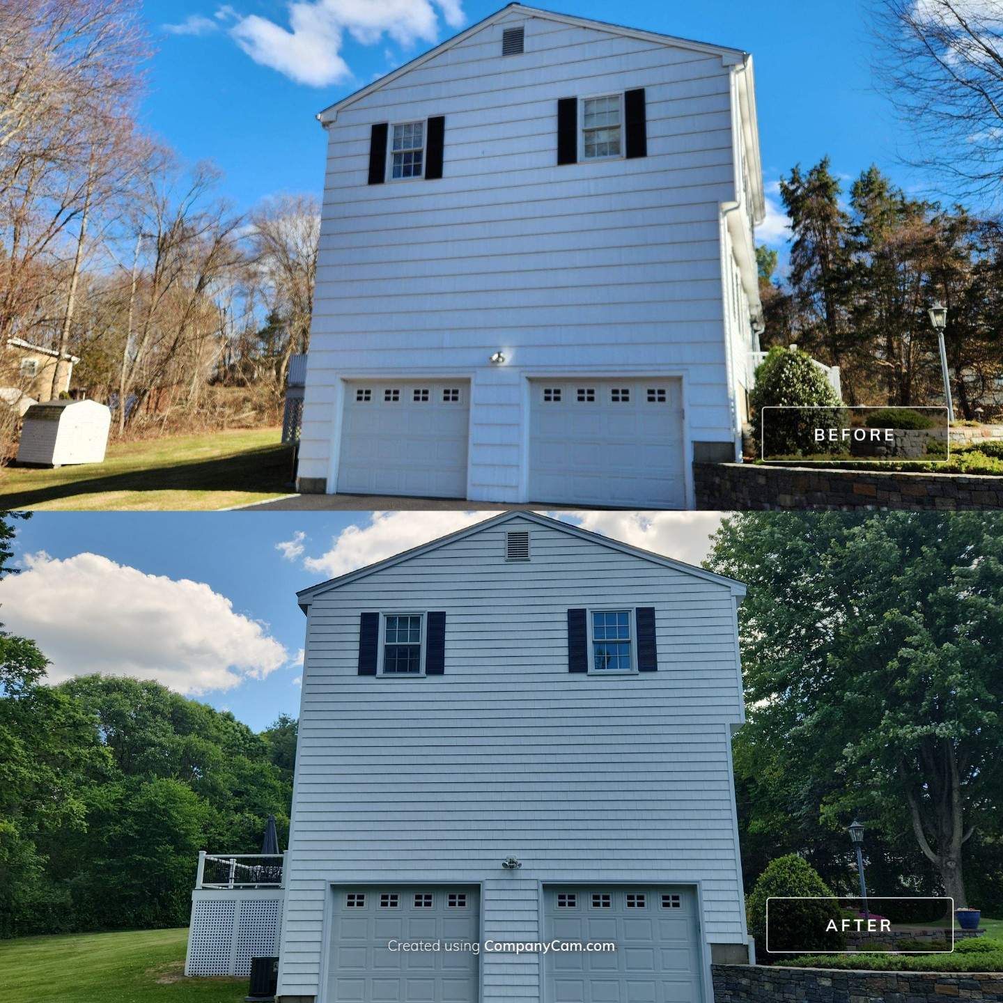 Siding update with Cert Cedar Impressions D/7 perfection straight bottom, White & Cert. Monogram D/4 x 25' clapboard, White by DiGiorgi Roofing and Siding Inc