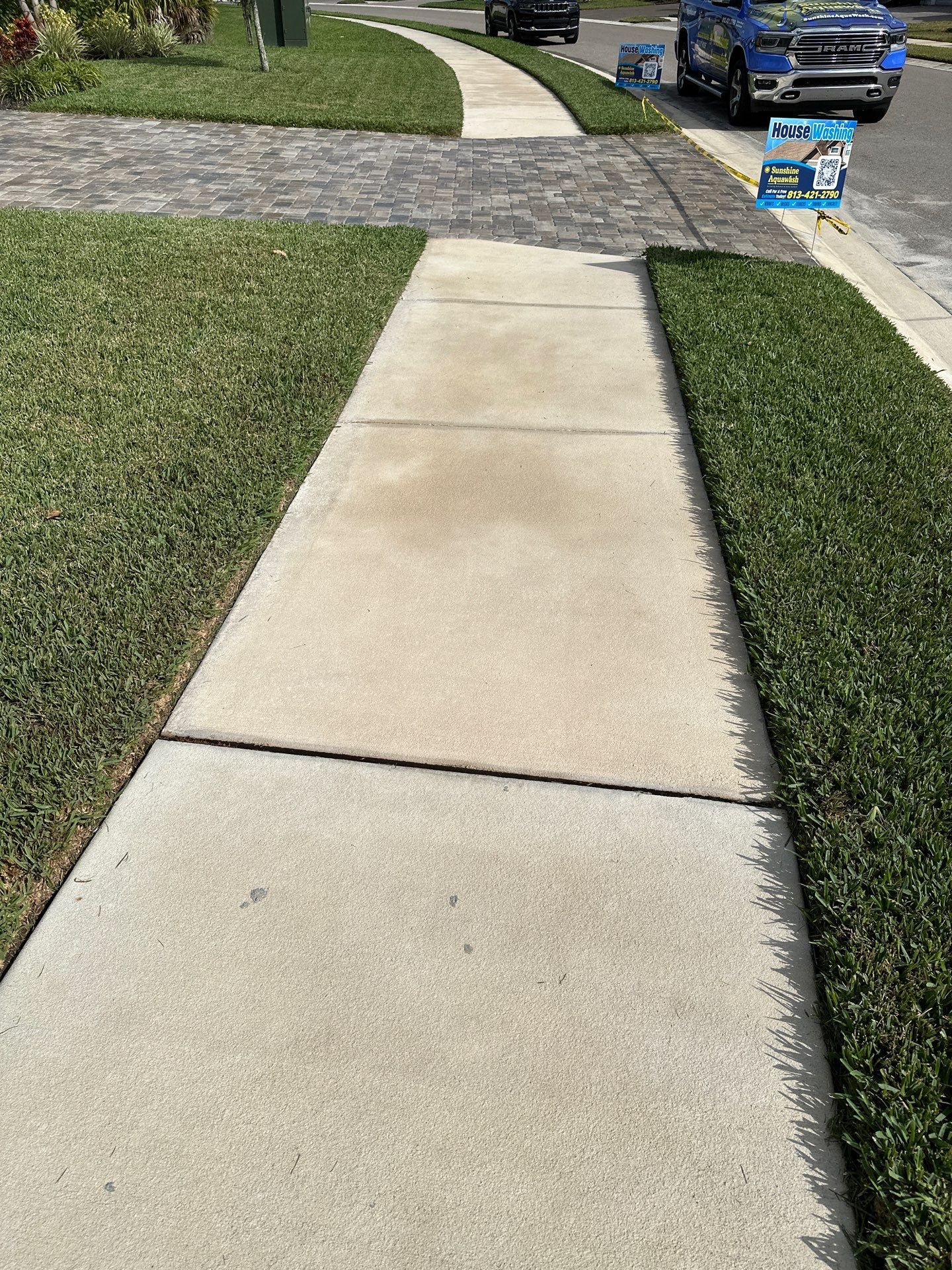 House Wash, Paver Driveway & Sidewalk Cleaning + Sanding & Sealing in Trevesta Community, Palmetto, FL by Sunshine AquaWash