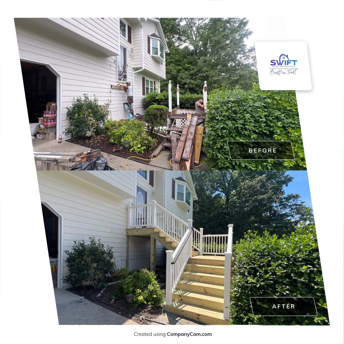 Front Entrance Deck Stair Replacement with White Vinyl Railings in Lawrenceville by Swift Home Renovations