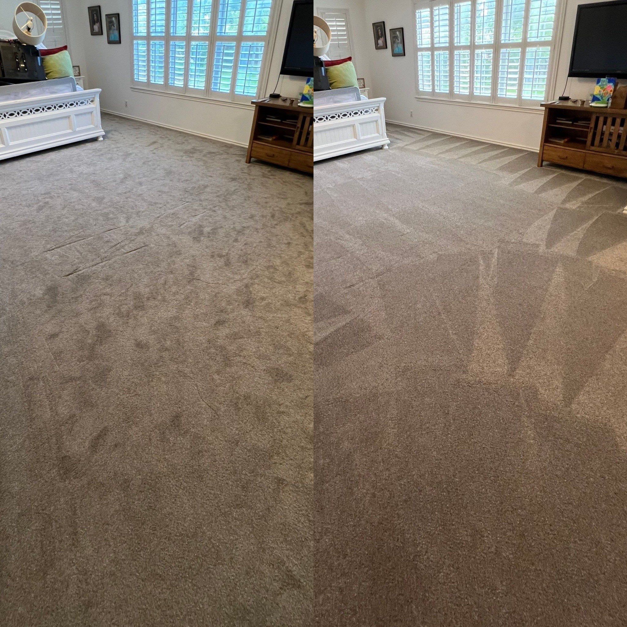 the service being done is carpet cleaning with noticeable improvement in cleanliness and texture of the carpet surface