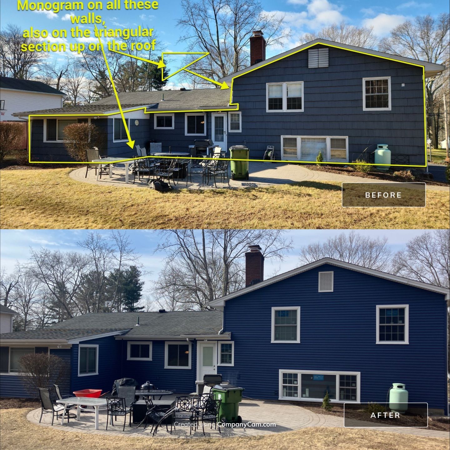 Elevated Siding with Cert Cedar Impressions D/7 Perfection straight bottom, Midnight Blue and Cert Monogram D/4 x 25' clapboard, Midnight Blue by DiGiorgi Roofing and Siding Inc