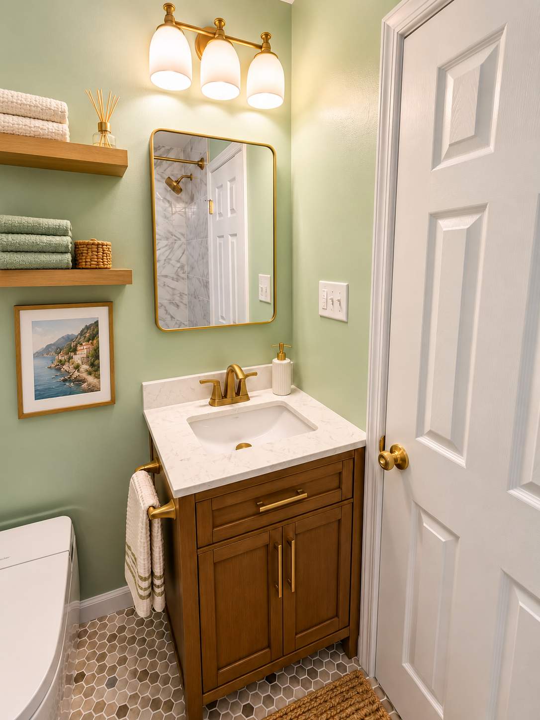Modern Bathroom Remodel with Marble-Look Tile & Brushed Gold Finishes by Remodel Now