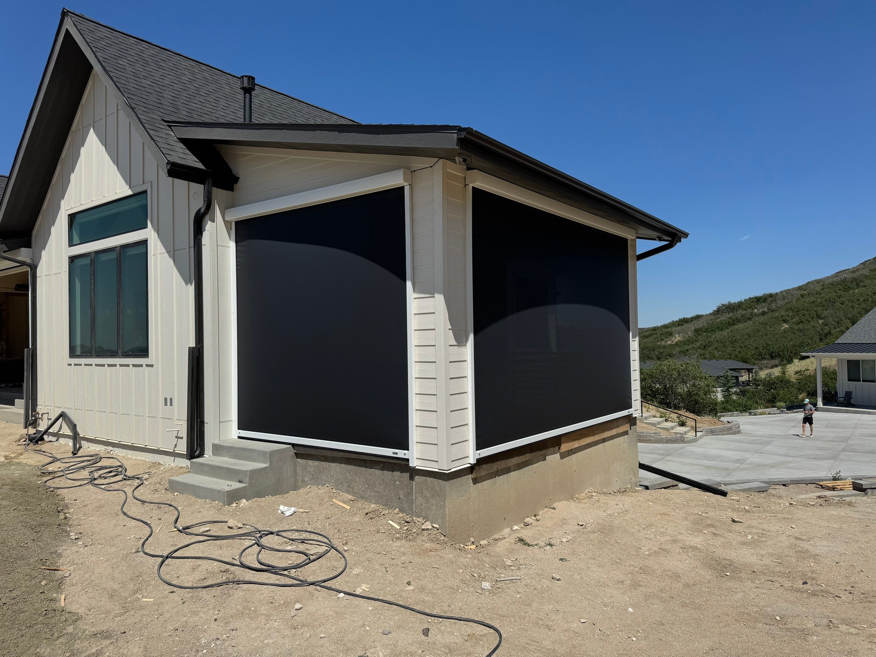 Custom Exterior MagnaTrack Screens for Modern Farmhouse Patio in Castle Rock by Outdoor Solutions Colorado